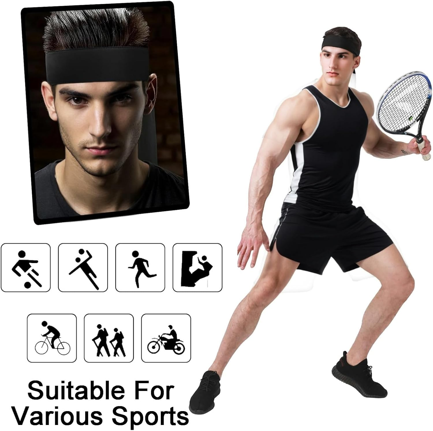 3 Pack Adjustable Sports Headbands for Men & Women - Sweat Absorption Tie Back Sweatbands for Basketball, Running, Tennis, and More image number 5