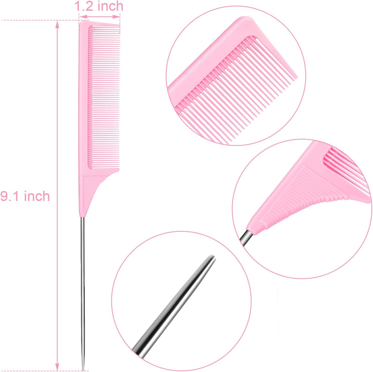 3 Packs Pink Rat Tail Comb Fiber Teasing Combs Rat Tail Lifting Combs Styling Combs, Carbon Fiber and Stainless Steel Pintail for Hair Salon or Home Supplies
