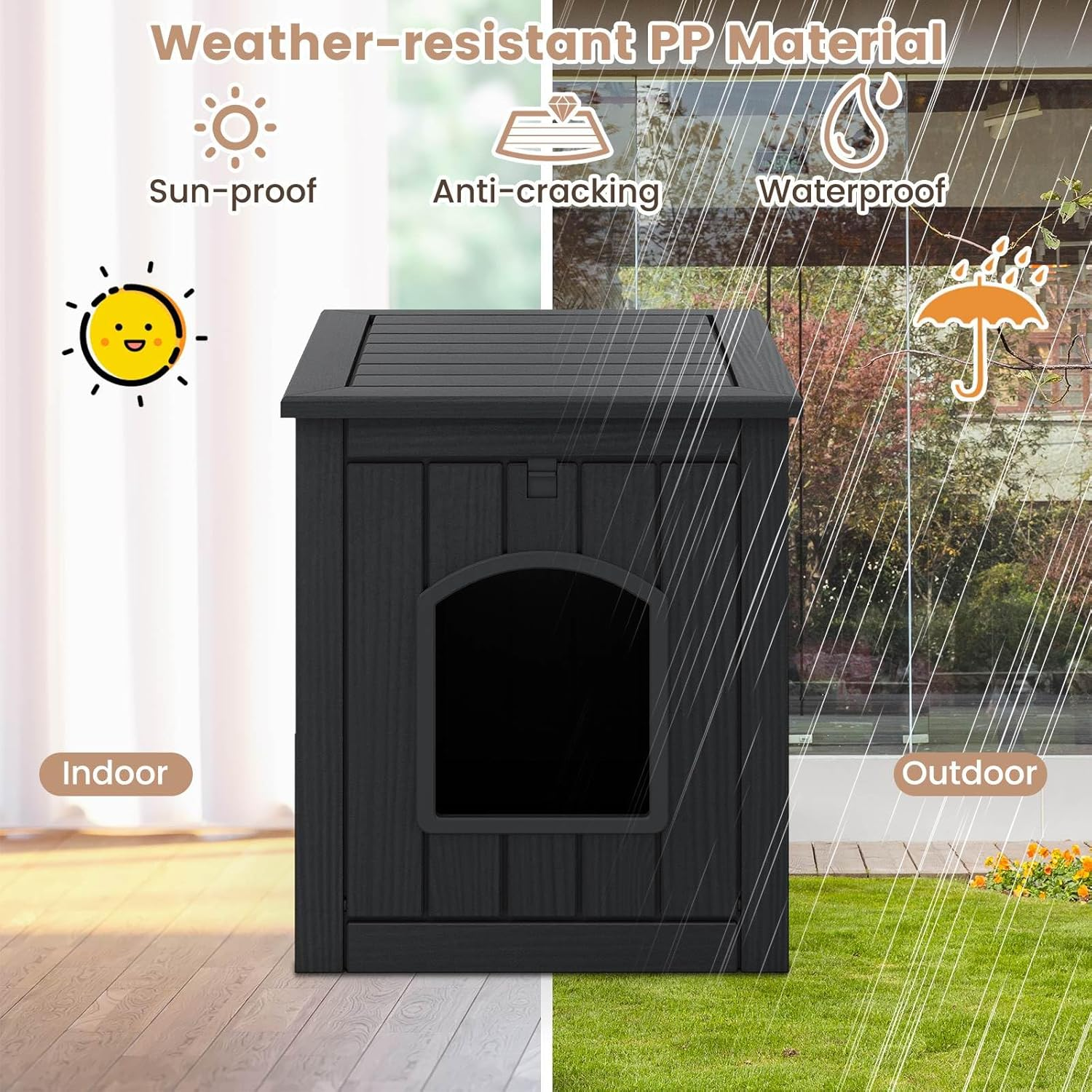 Costway Indoor Outdoor Cat House, Hidden Cat Litter Box Enclosure W/Flip Front Door & Raised Floor, Waterproof Puppy Shelter, Decorative Pet Cabinet Side Table for Poolside, Garden (Black) image number 4