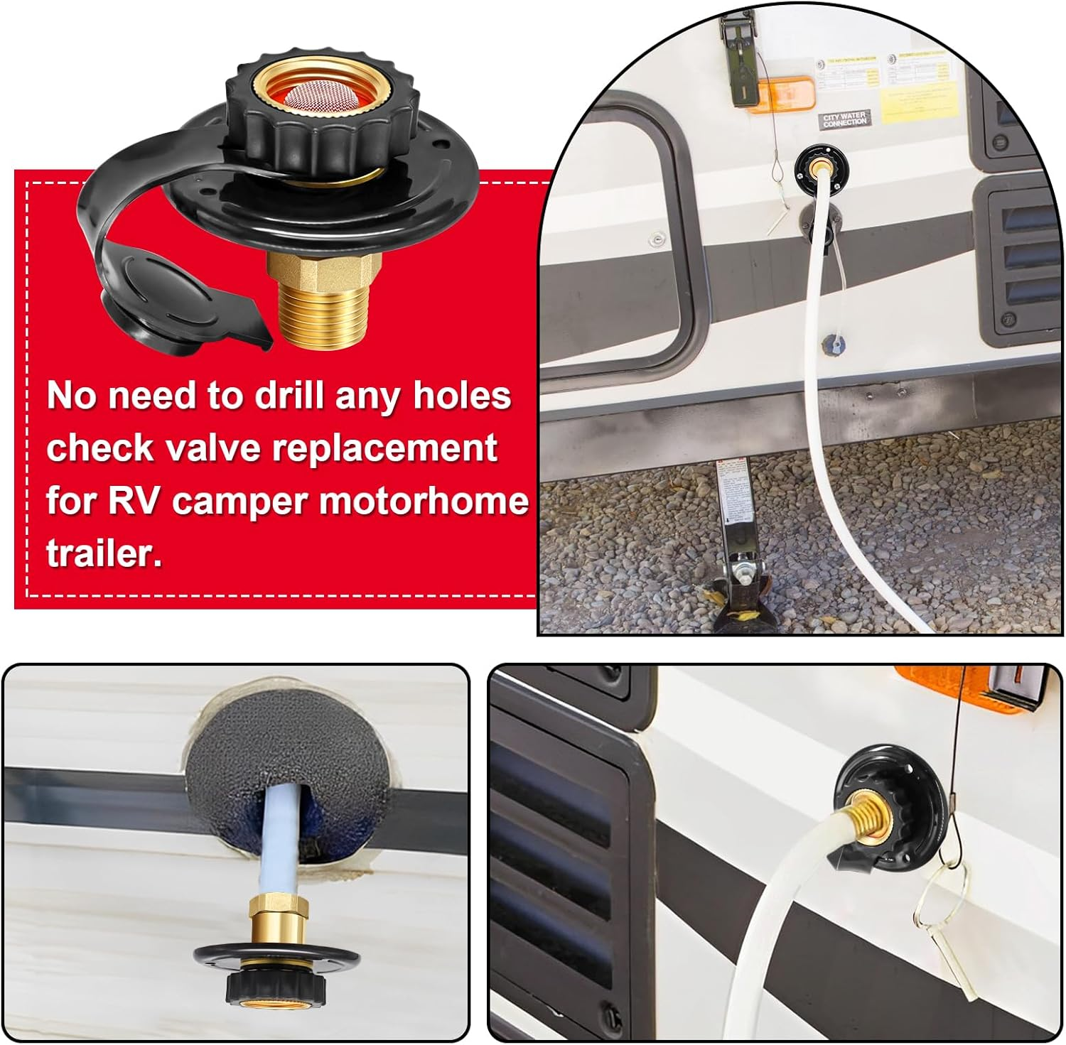 RV City Water Inlet with Check Valve, 3/4 NH Female to 1/2 NPT Male Black Flange RV Fresh Water Inlet, Lead-Free Brass RV Water Connection Inlet with Dust Plug for RV Camper Motorhome Trailer Marine image number 2