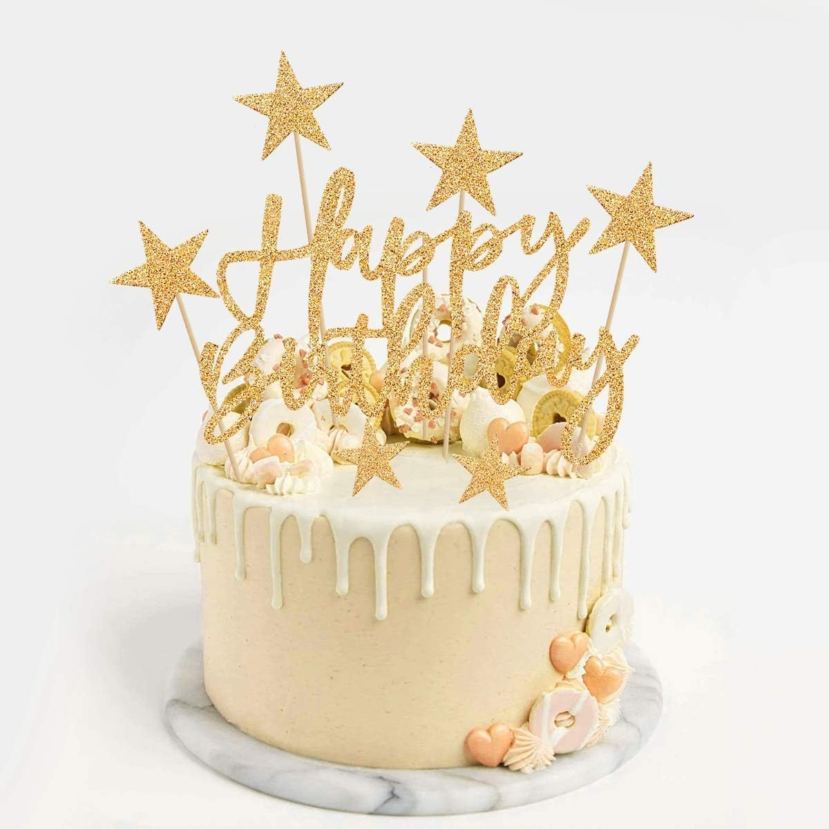 Happy Birthday Cake Topper: 2 Sets Gold-Themed (With Birthday Sign, Star Sign). Ideal for Men, Boys, Women, Girls&rsquo; Birthday Parties, Hen Parties; Decorative, Fits Gold Theme Celebrations. image number 2