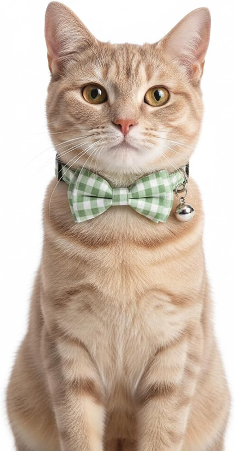 2 Cat Collar with Bell, Breakaway Safety Collar, Adjustable Cotton Fabric Cat Collar with Movable Bow Tie, Compatible with Small Dogs, Cute and Soft Design for Cats - CRFY - Green image number 2