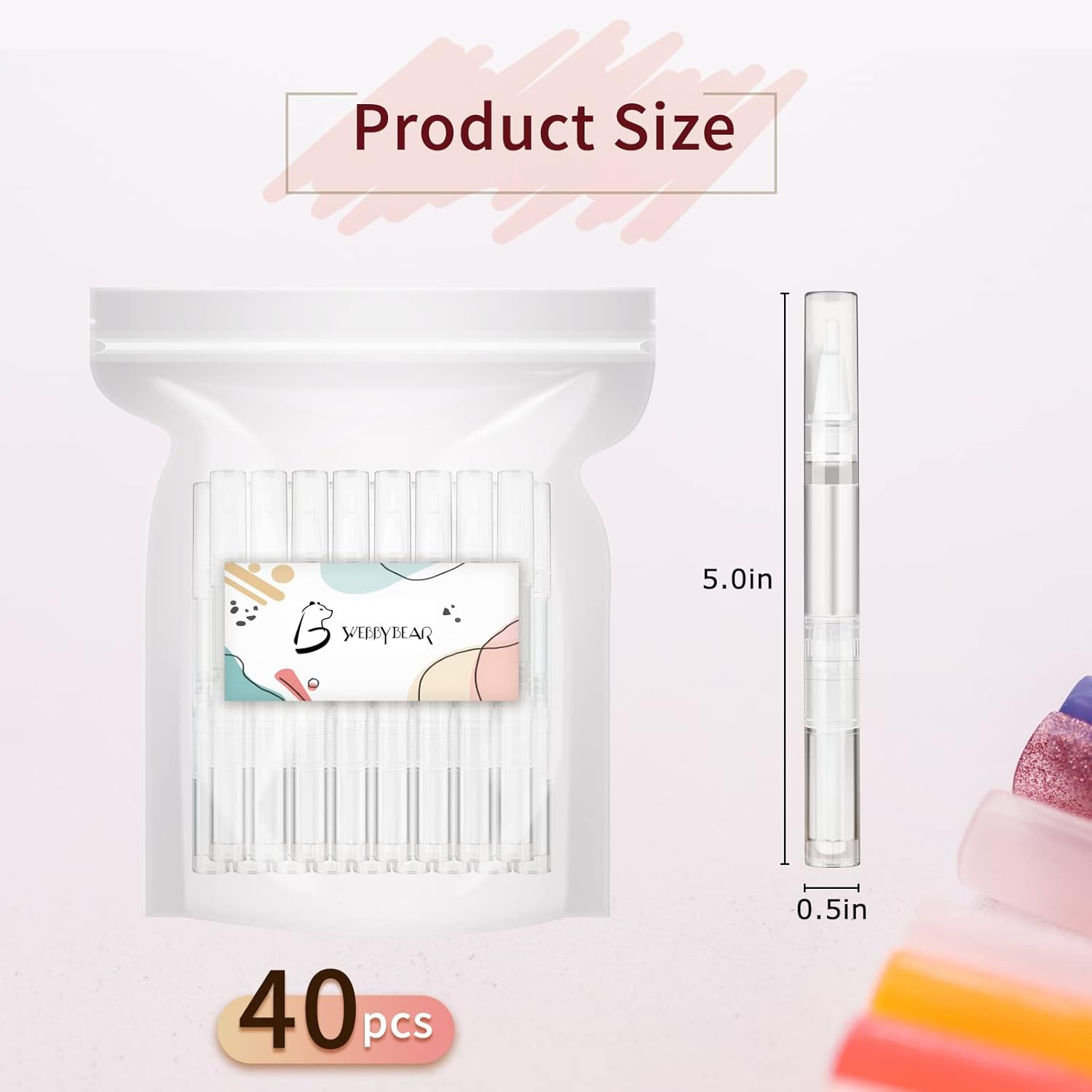 WEBBYBEAR 40 Pieces 3 Ml Cuticle Oil Pen, Empty Nail Oil Pen, Transparent Twist Pens with Brush Tip, Cosmetic Lip Gloss Containers Eyelash Growth Liquid Tube, with 3 Stickers image number 4