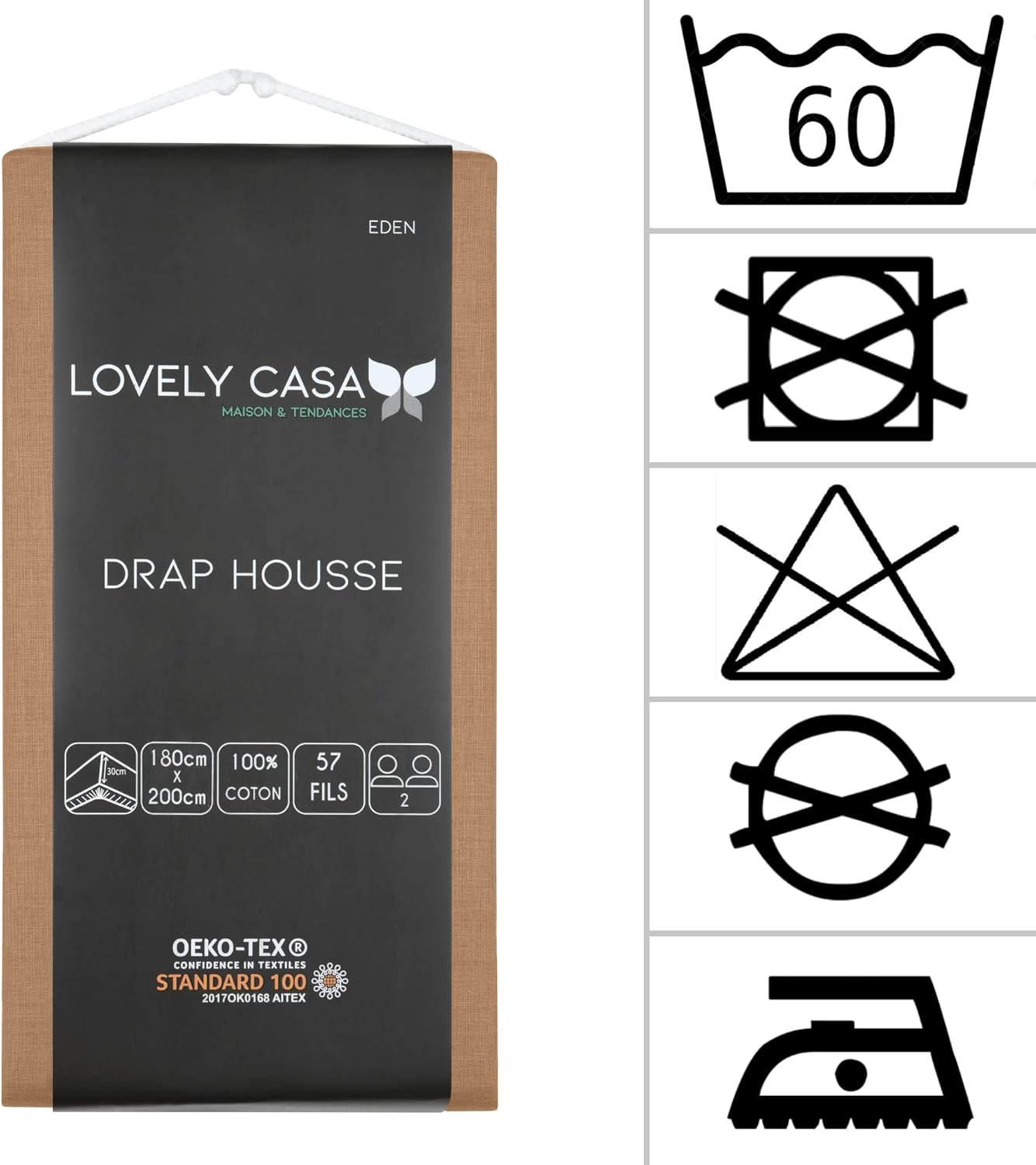 Lovely Casa - Fitted Sheet - Size 180 X 200 Cm, Large Fitted Height 30 Cm, 100% Cotton, Oeko-Tex Certified - Curry Colour - Eden Model - Home Bed Linen - Soft and Comfortable for Cuddly Nest