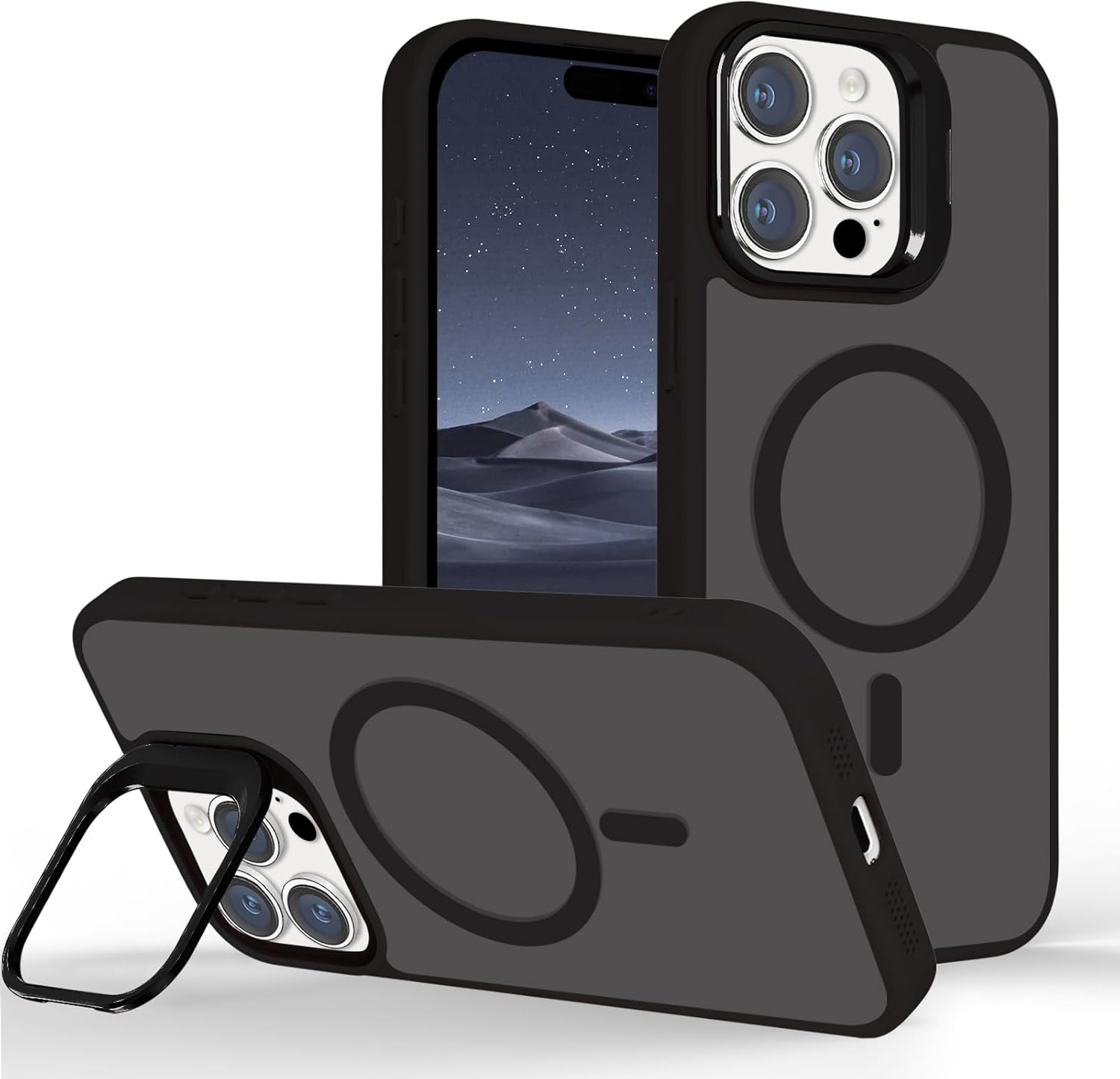 Tcaraersing for Iphone 17 Air 6.5" Magnetic Case with Stand [Compatible with Magsafe] Built-In Camera Ring Holder Stash Kickstand Slim Matte Frosted Cover Anti-Fingerprint,Translucent Black