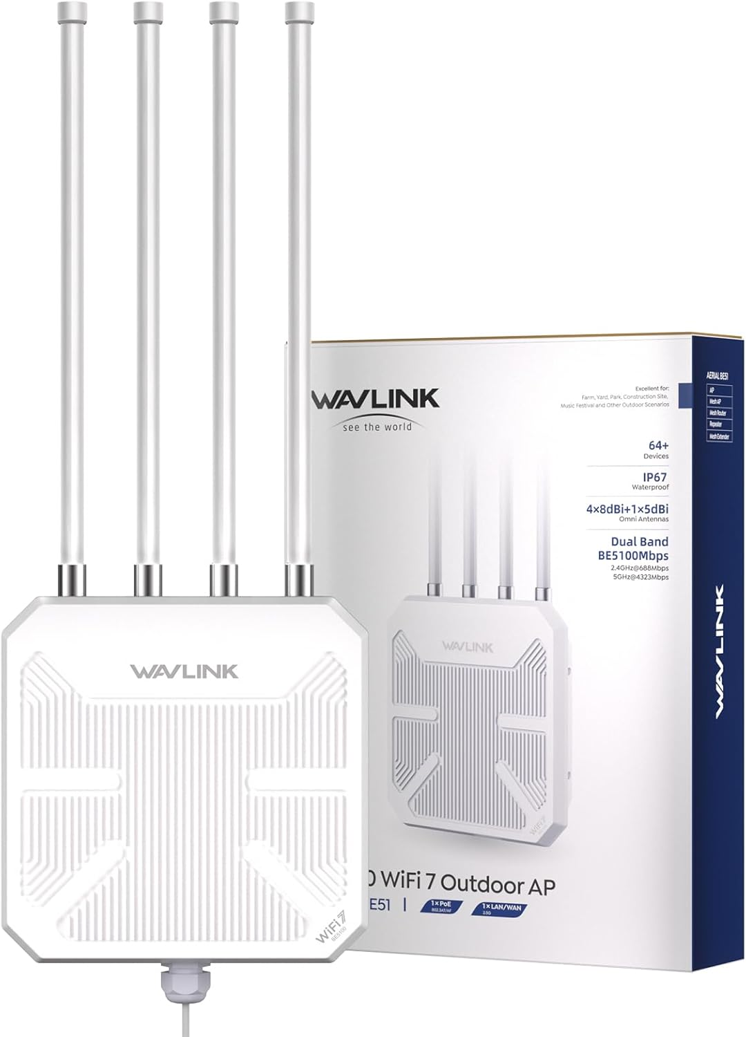 WAVLINK Wifi 7 BE5100 Outdoor Wifi Extender, Dual Band Long-Range Outdoor Wifi Repeater| Access Point| Mesh Router, POE Powered IP67 Waterproof| 4 X 8Dbi Antennas, up to 256 Devices for Farm, Yard, RV