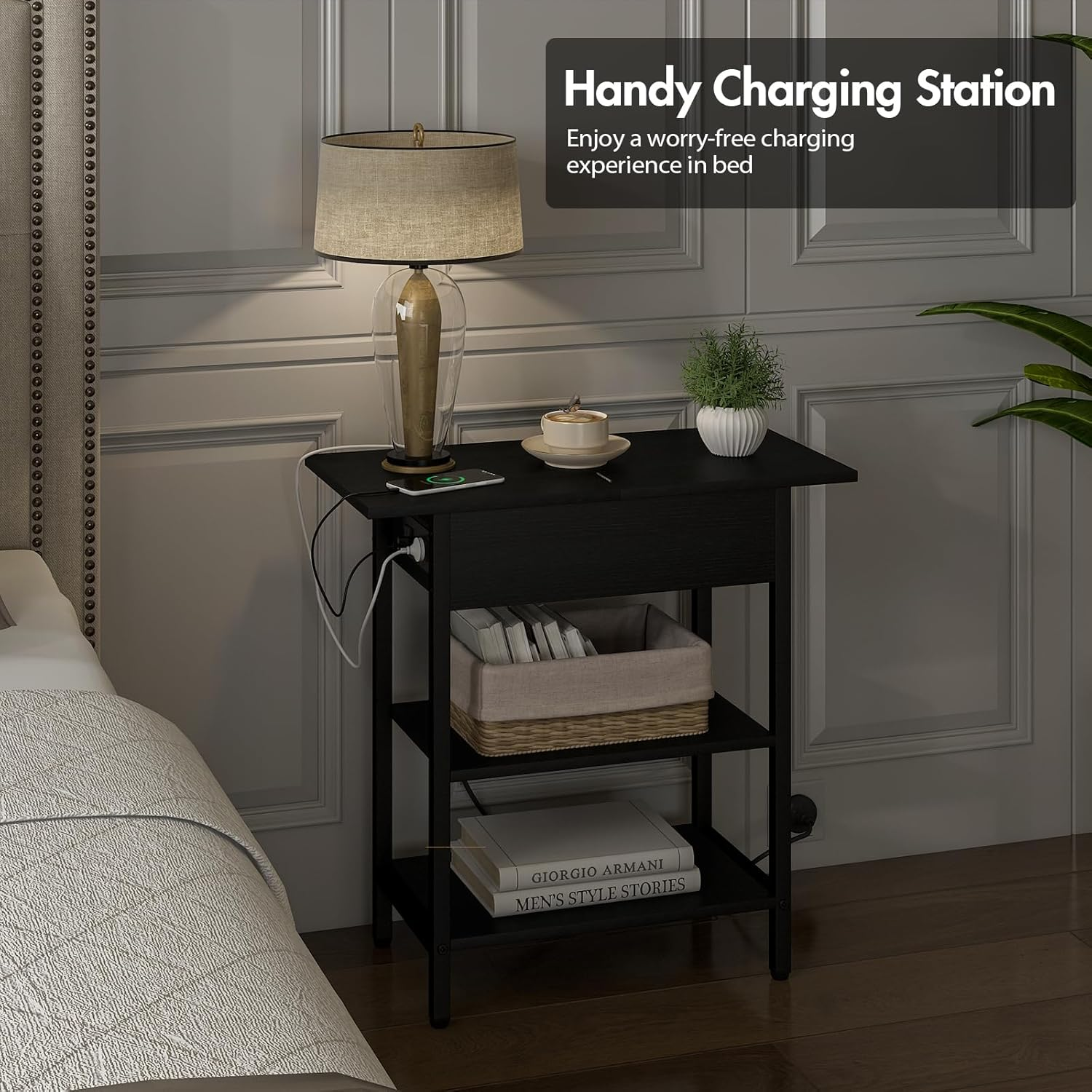 Advwin Sofa Side Table with Charging Station Narrow Flip Top Bedside End Table with AC Outlets and USB Ports Small Night Stand with Open Shelf for Livingroom Bedroom Office Study, Black - Black image number 6