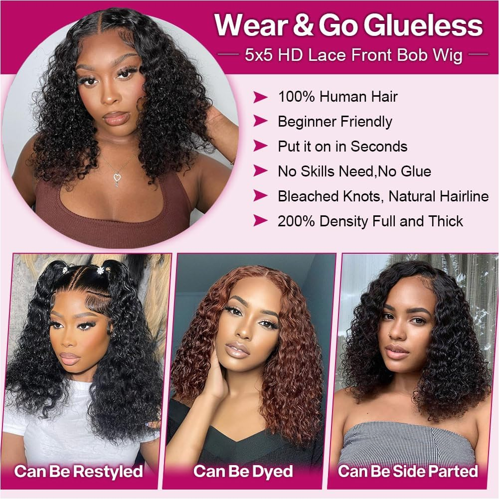 Ailwelia Curly Bob Wig Human Hair Deep Wave Glueless Wigs Human Hair Pre Plucked Pre Cut 5X5 Wear and Go Glueless HD Lace Closure Wigs Human Hair for Black Women 200% Density Black Color 14 Inch image number 6
