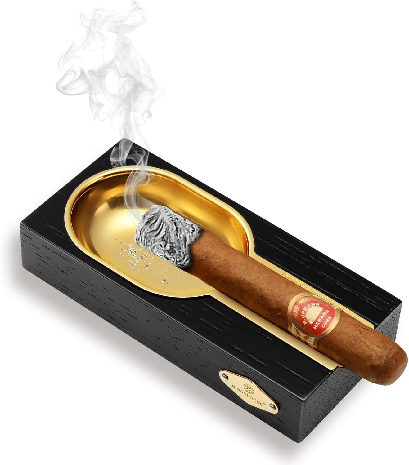 Cigar Ashtray, Wooden & Stainless Steel Slot for Single Cigars, Large Cigar Holder for Household or Outdoors Use (Brown)