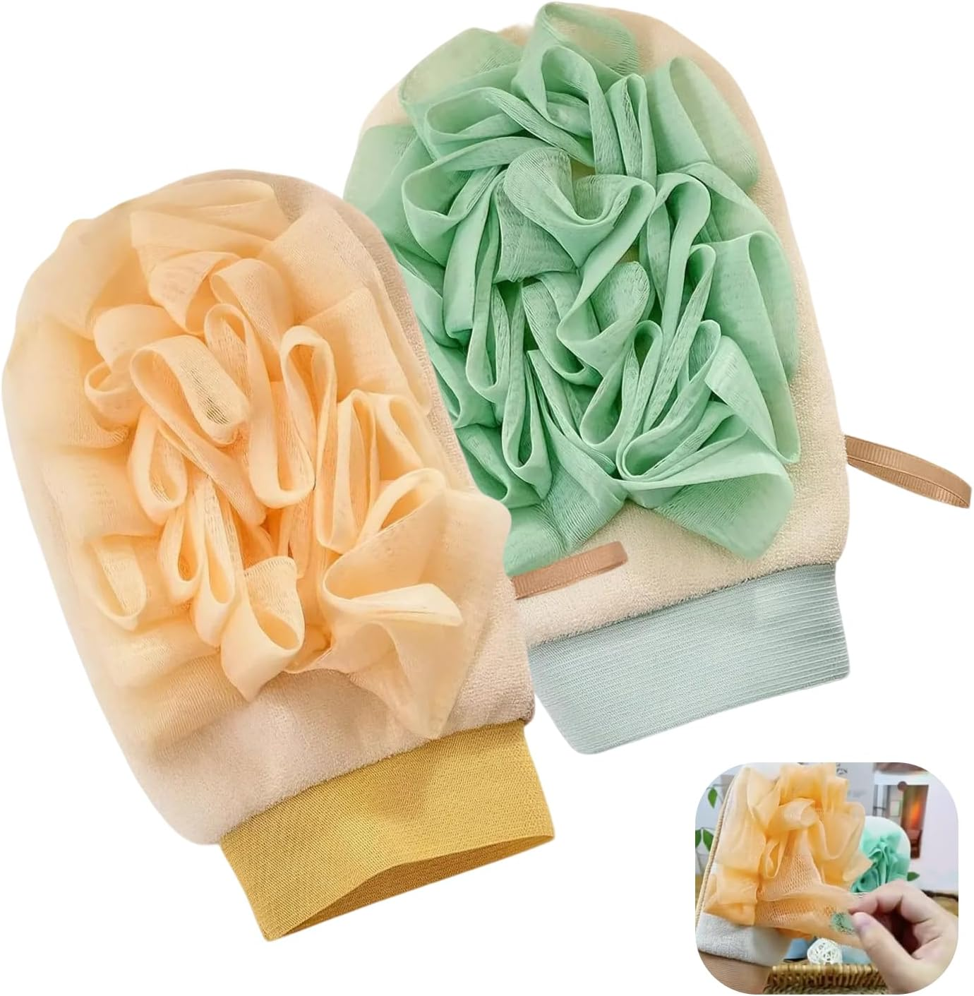 2 Pcs Exfoliating Gloves, 100% Vegan Adhesive Body Scrub Gloves for Removing Dead Skin Spa Grade Shower Exfoliating Product, Leaving Skin Smooth, Shiny, Green, and Yellow