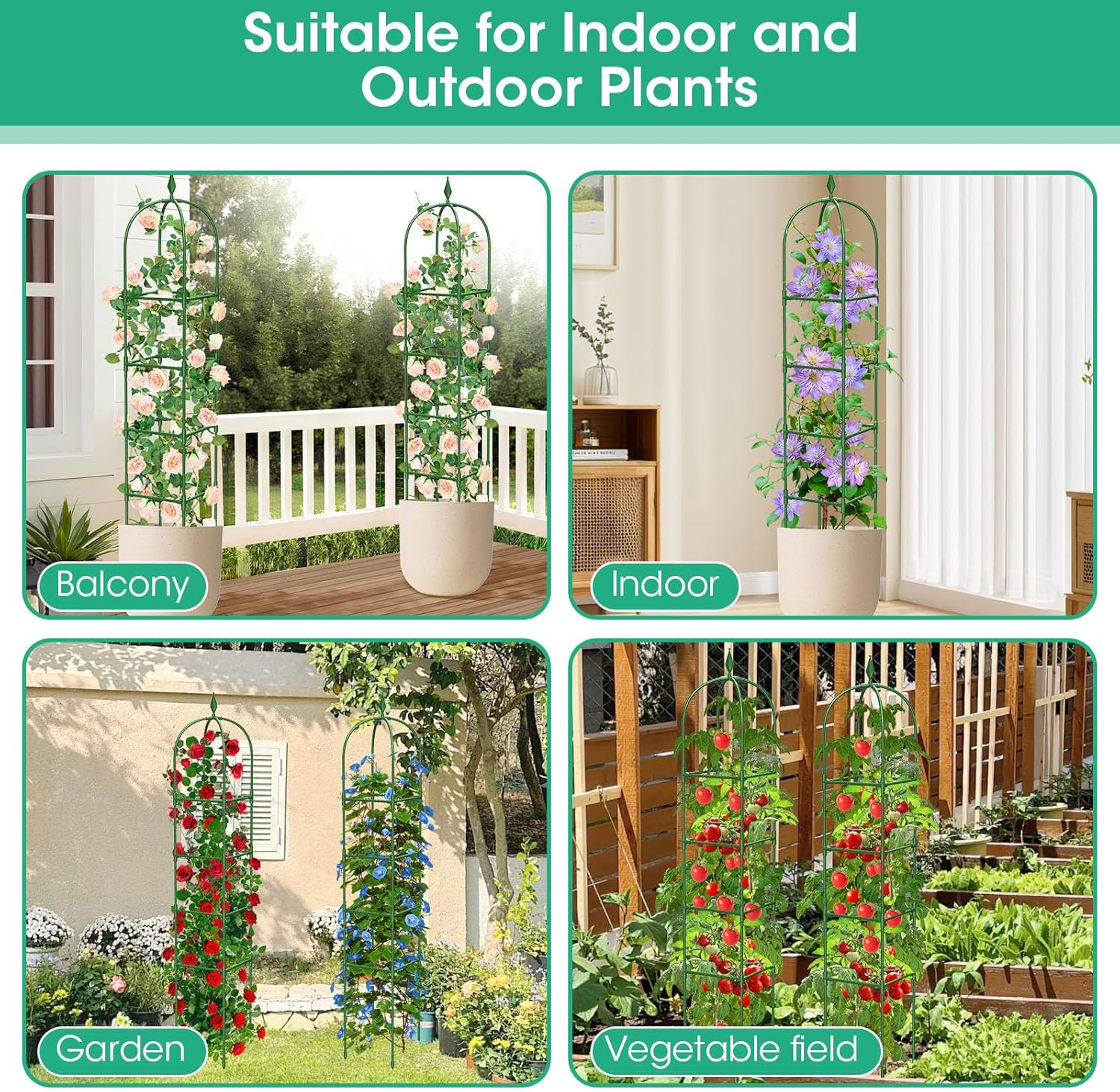 2 Pack Garden Obelisk Trellis for Climbing Plants, 70.87" Metal Rustproof Plant Support Rose Trellis, Tower Potted Cages for Flowers Fruits Vegetable Vines Indoor & Outdoor, Green(4 Tiers)