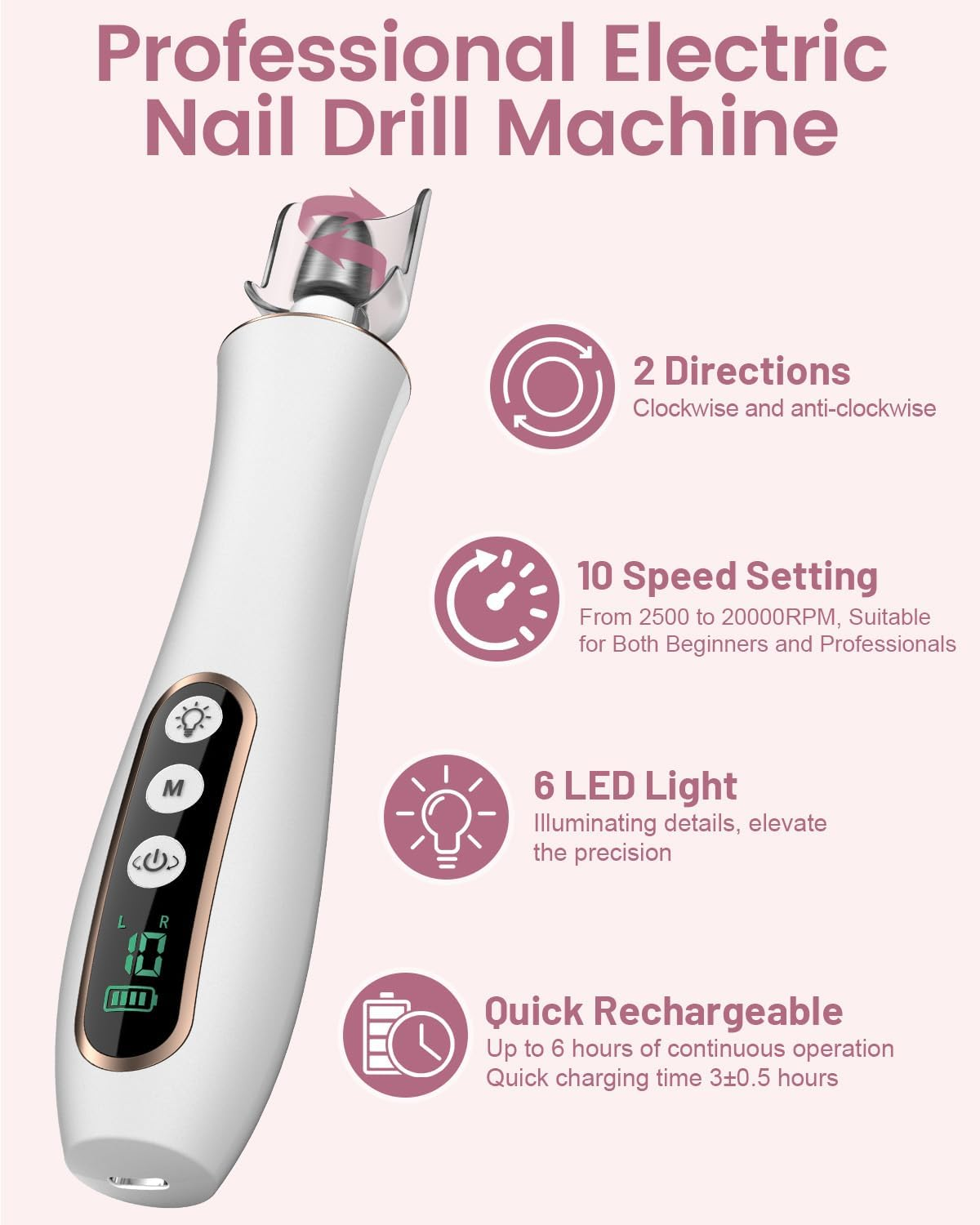 Electric Nail Sander for Gel Nails - Electric Nail File 10 Speed Cordless Electric Nail Sander Manicure Set for Acrylic Gel Natural Gel Nails (White) - Black image number 2