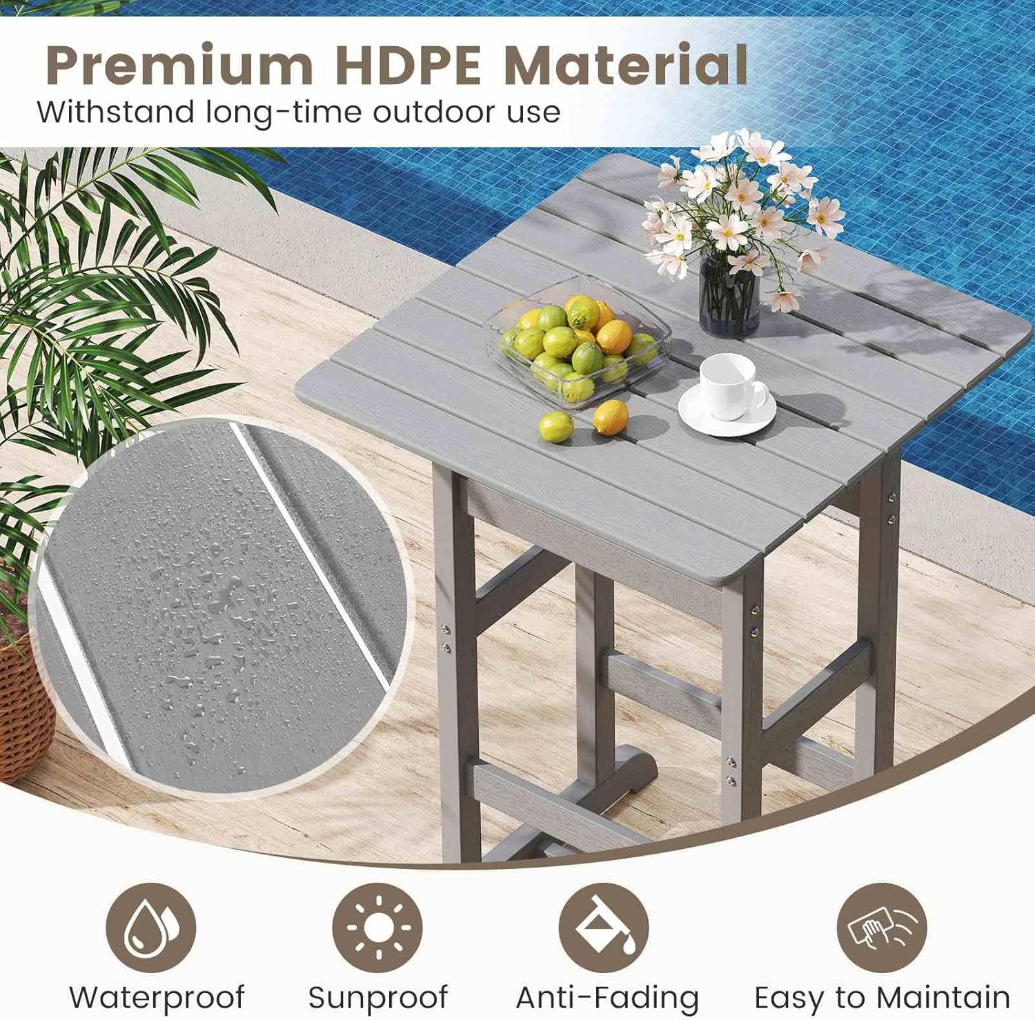 Costway 76Cm X 76Cm Square Bar Table, Patio HDPE Bar Height Dining Table W/Slatted Tabletop, Outdoor All-Weather High-Top Bistro Table for Poolside, Backyard, Balcony (Gray) - Black image number 4