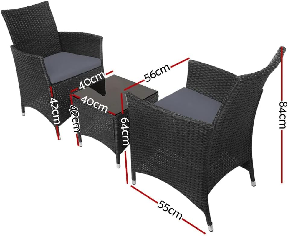 Gardeon 3Pcs Wicker Patio Furniture, Bistro Set Table and Chairs Outdoor Lounge Setting Conversation Sets Dining Chair Garden Backyard, Cushion with Rattan Coffee Table Black Glass Tabletop image number 1