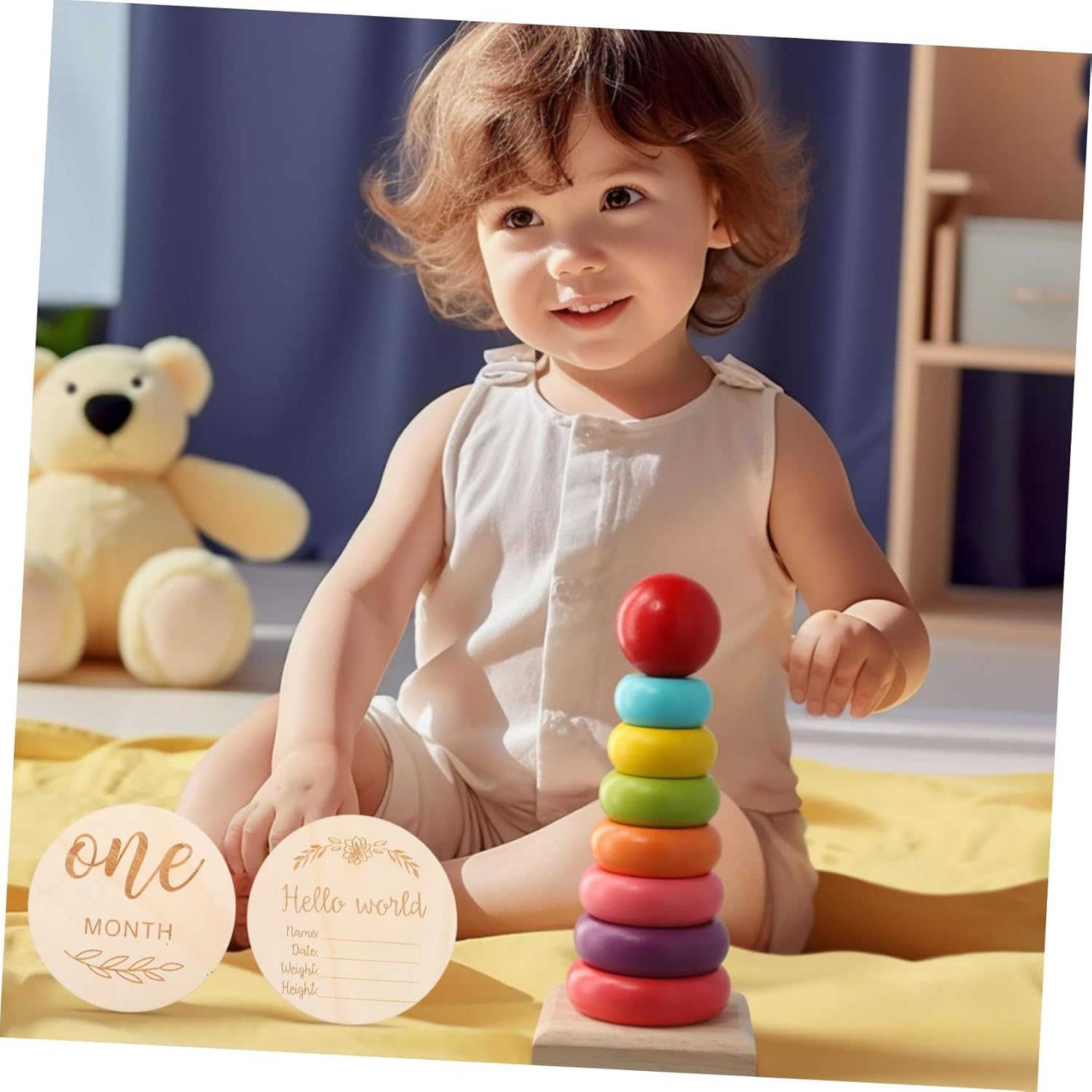 12Pcs Milestone Signs Monthly Milestone Cards for Photo Props Pregnancy Announcement Wooden Blocks image number 2