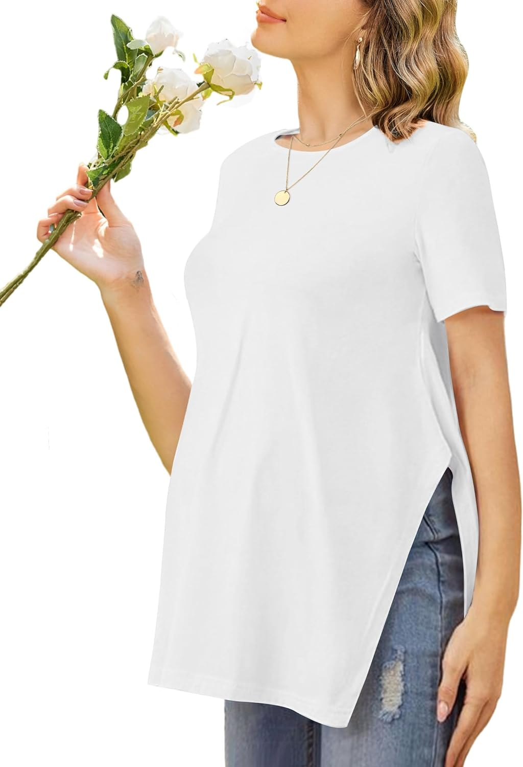 Ekouaer Women'S Maternity Clothes Shirts Loose Short Sleeve Pregnancy Tops Blouses Split Side Casual Crewneck Pregnant Tunic Tee image number 4