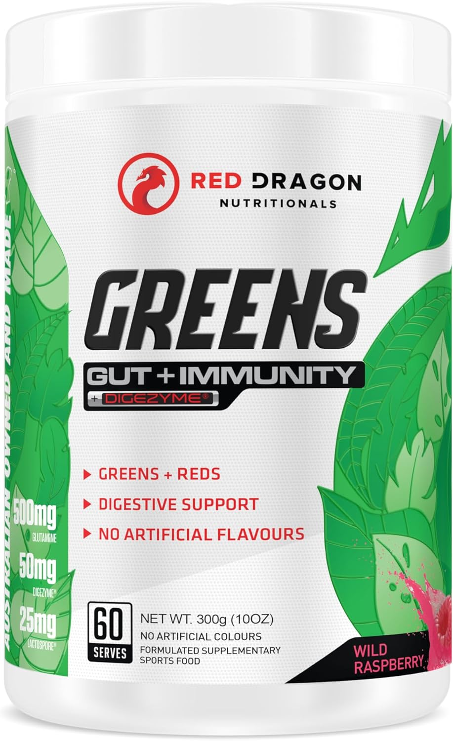 Red Dragon Nutritionals Greens Gut + Immunity Powder 300 G, Wild Raspberry image number 1