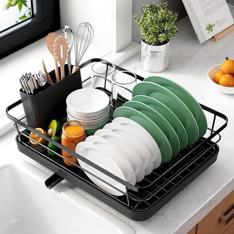 Dish Drying Rack for Kitchen Counter, Stainless Steel Sink Organization and Storage Essentials with Cutlery Holder, Home and Appartment Decor, 12''W X 15.6''L, Black image number 1