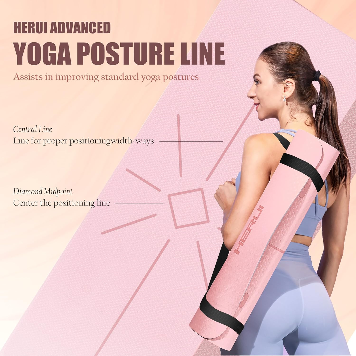HERUI Yoga Mat with Alignment Lines - Anti-Slip TPE Exercise Mat for Yoga & Pilates - 183CM X 61CM X 6MM - Includes Carry Bag, Perfect for Beginners & All Levels