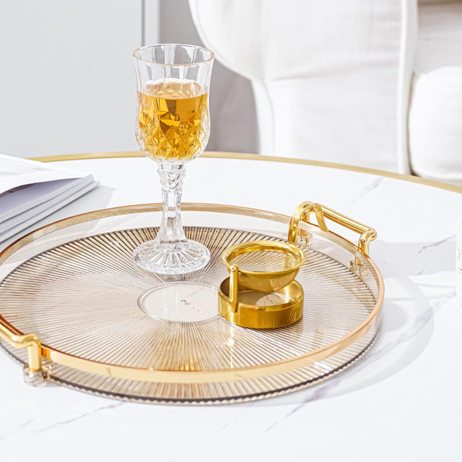 Round Serving Tray with Gold Handles, Elegant PS Material Snack & Dessert Platter for Eating and Entertainment, Easy Clean Surface (27Cm) - Smoky Gray image number 2