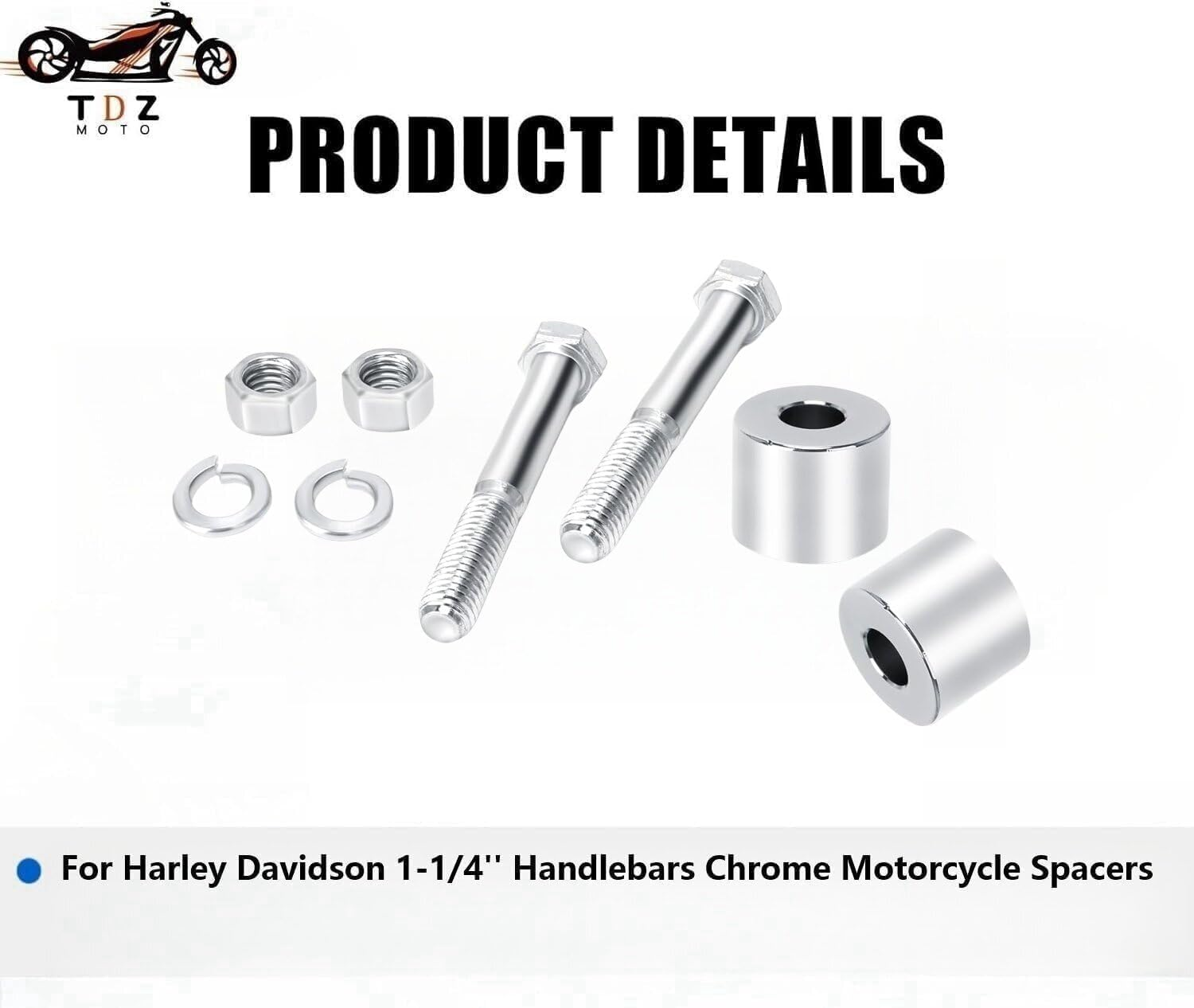 TDZ 1'' Inch Rise Handlebar Risers Extension for Harley 1-1/4'' Handlebars Motorcycle Spacers(Chrome) - Black image number 2
