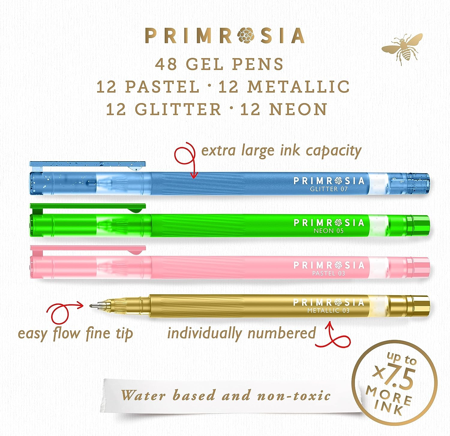 Primrosia 48 Glitter Gel Pens, Inc. Metallic, Pastel & Flourescent for Adult Coloring Book & Bullet Journal Pens. No-Bleed-Through in a Variety of Shades, 7.5X More Ink Fine Point Markers Set image number 1