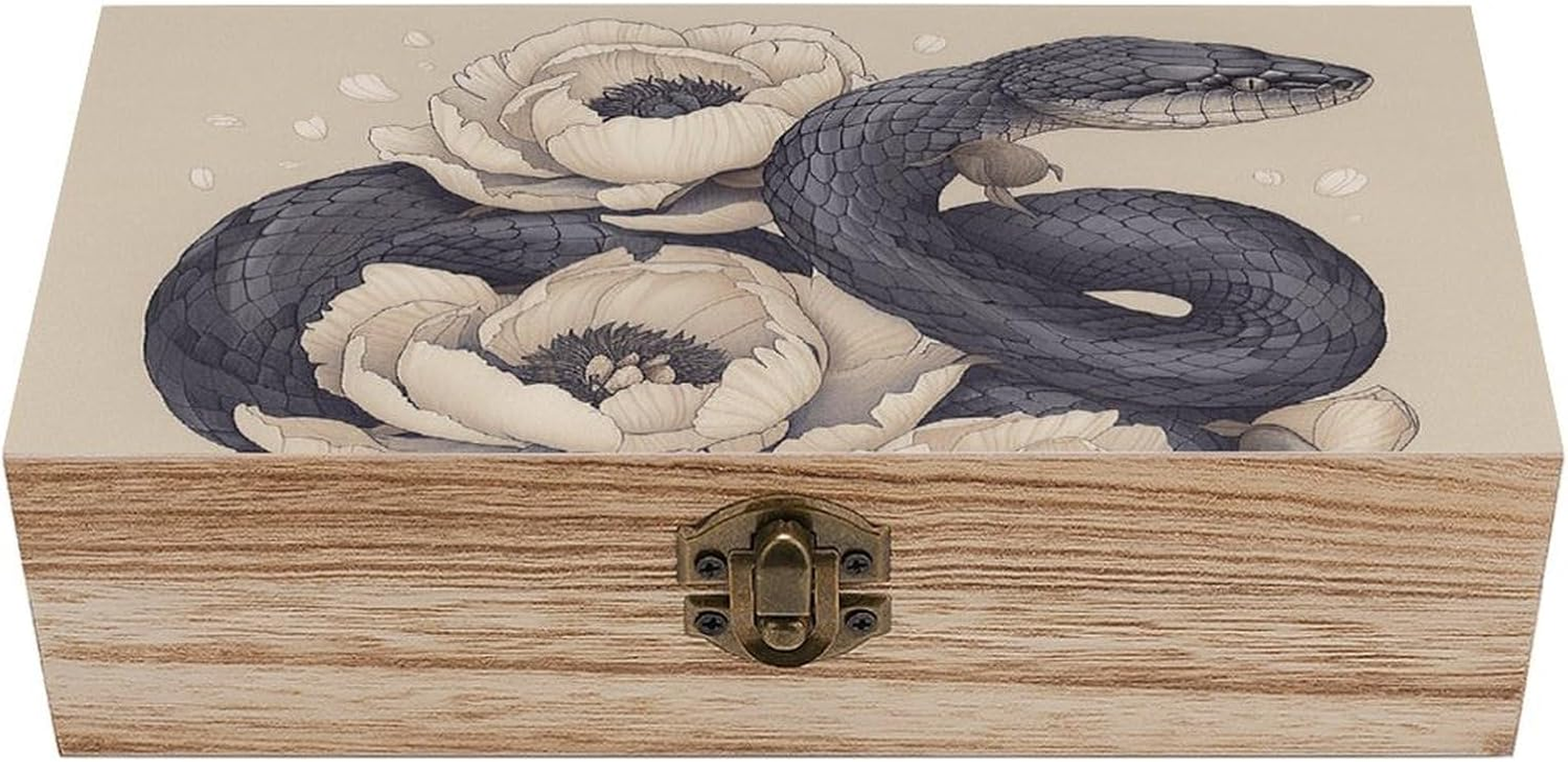 Black Snake and Flower Wooden Box Wood Wedding Keepsake Boxes with Lids Small Decorative Boxes Lightweight Wooden Memory Storage Box for Crafts Keepsakes Jewelry Photo Letter Storage image number 4