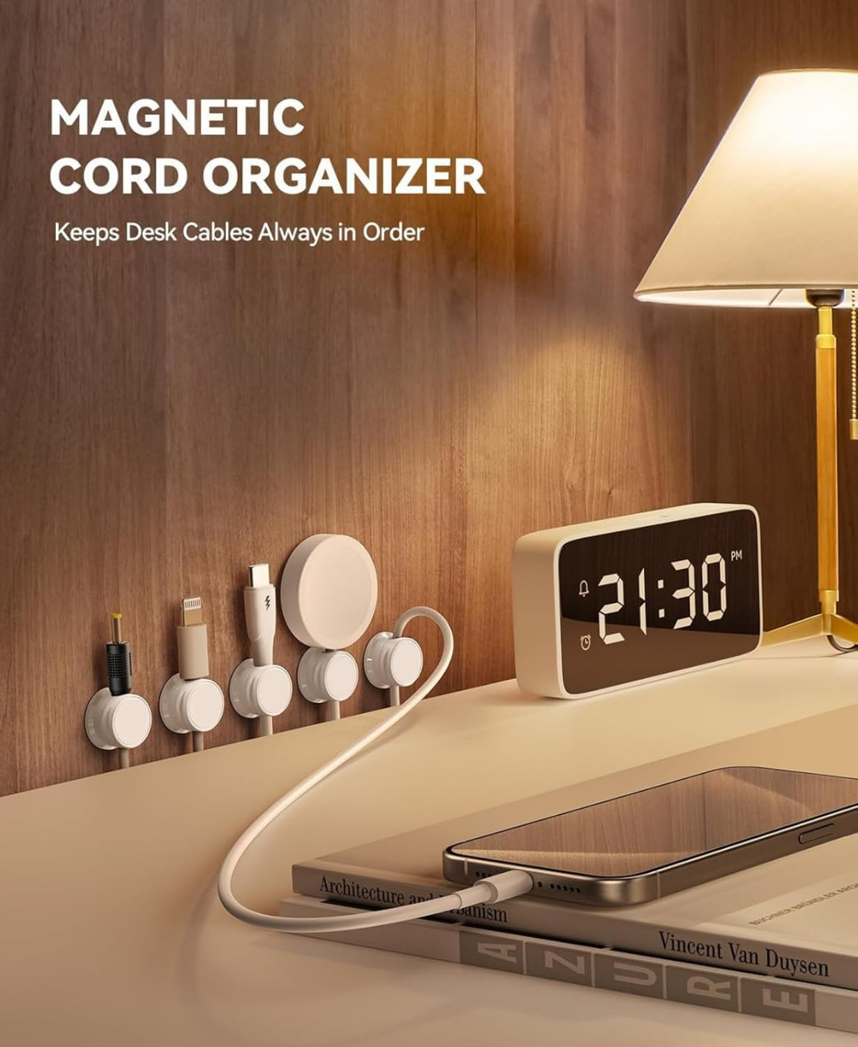 6 Pack Magnetic Cable Clips [Cable Smooth Adjustable] Cord Holder, under Desk Cable Management, Adhesive Wire Holder Keeper Organizer (White) image number 1