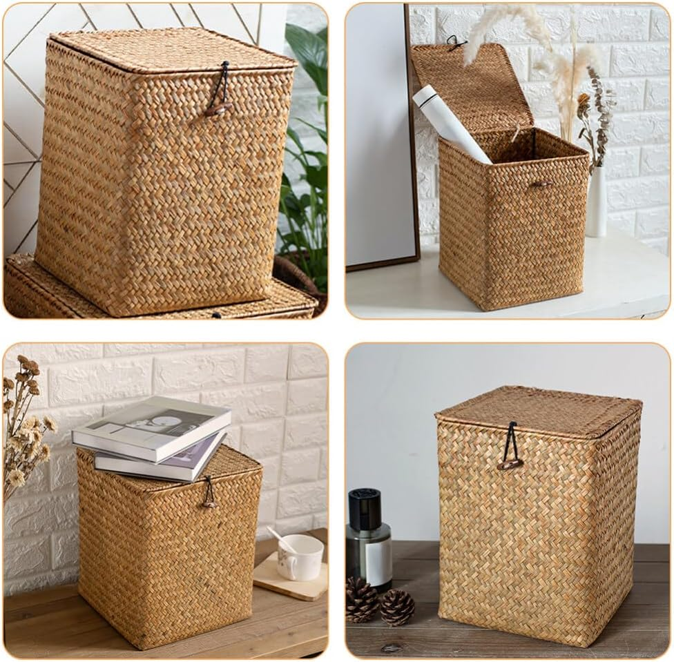 Luxshiny Seagrass Storage Box Lidded Woven for Desktop Organization and Bedroom Tidiness for Sundries and Cosmetics image number 2