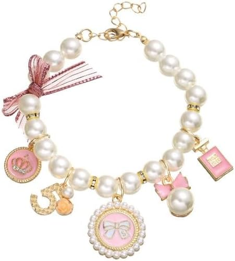 Pink Dog Pearl Collars Pet Necklace Princess Bow Necklace Sweet Bow Cute Collar Puppy Accessories Cat Jewelry Pearl Neck Strap Basic Collars for Dog Cat Adjustable Jewelry Collars(S) image number 2