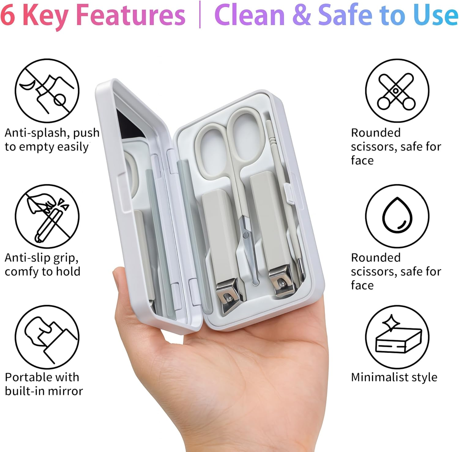 Sun&Beam Nails Nail Clippers Glass Nail File Scissors Mirror Ear Pick 6-Pcs Set Nail Care Set for Hands and Feet Anti-Splash Anti-Slip Portable with Storage Box White image number 2