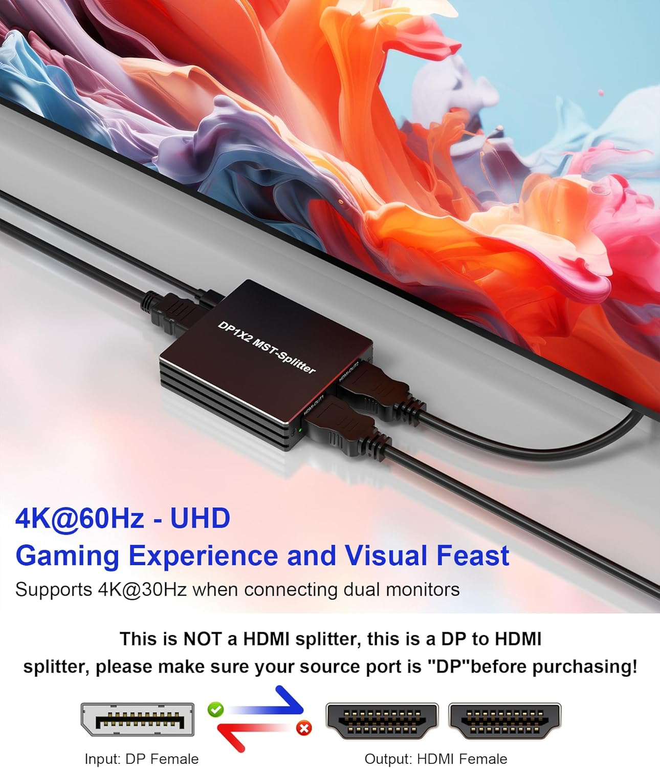 4K Displayport to 2 HDMI Splitter 1 in 2 Out for Dual Monitors Extended Display - 4K@60Hz DP to Dual HDMI Splitter 1X2 Support Extend & Mirror Display for Desktop, Laptop, NVIDIA, AMD Graphics Card image number 5
