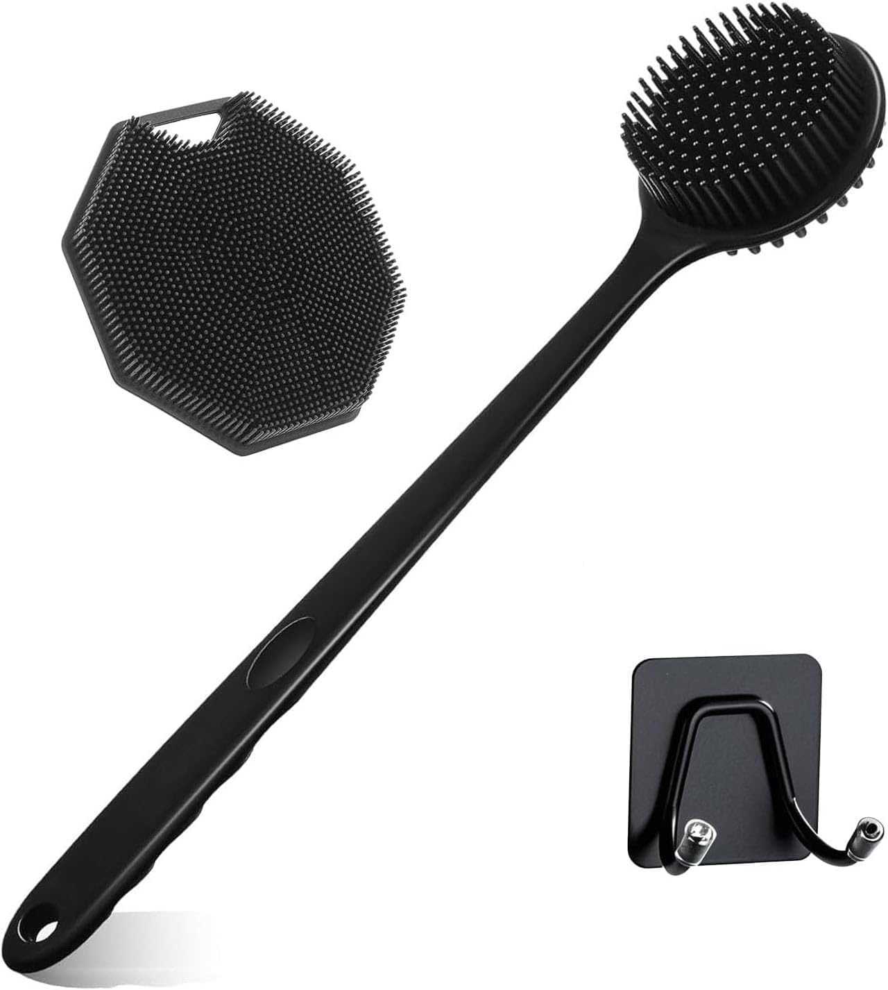 Shengsenfu 3 in 1 Silicone Body Brush Set, Long Handle Cleansing Skin Brush and Bath Body Scrubber with Double-Ended Hook, Double Sided Shower Brush, Upgraded Built-In Nylon Long Handle Body Brush image number 4
