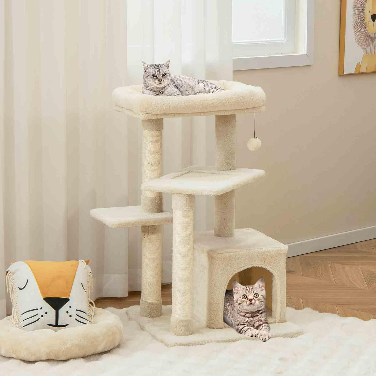 Costway Indoor Plush Cat Tree, Multilevel Cat Tower Condo with Flock, Hanging Toy, Scratching Sisal Posts, Cozy Perch, 4-Tier Cat Climbing Activity Center with Private Condo for Home and Office