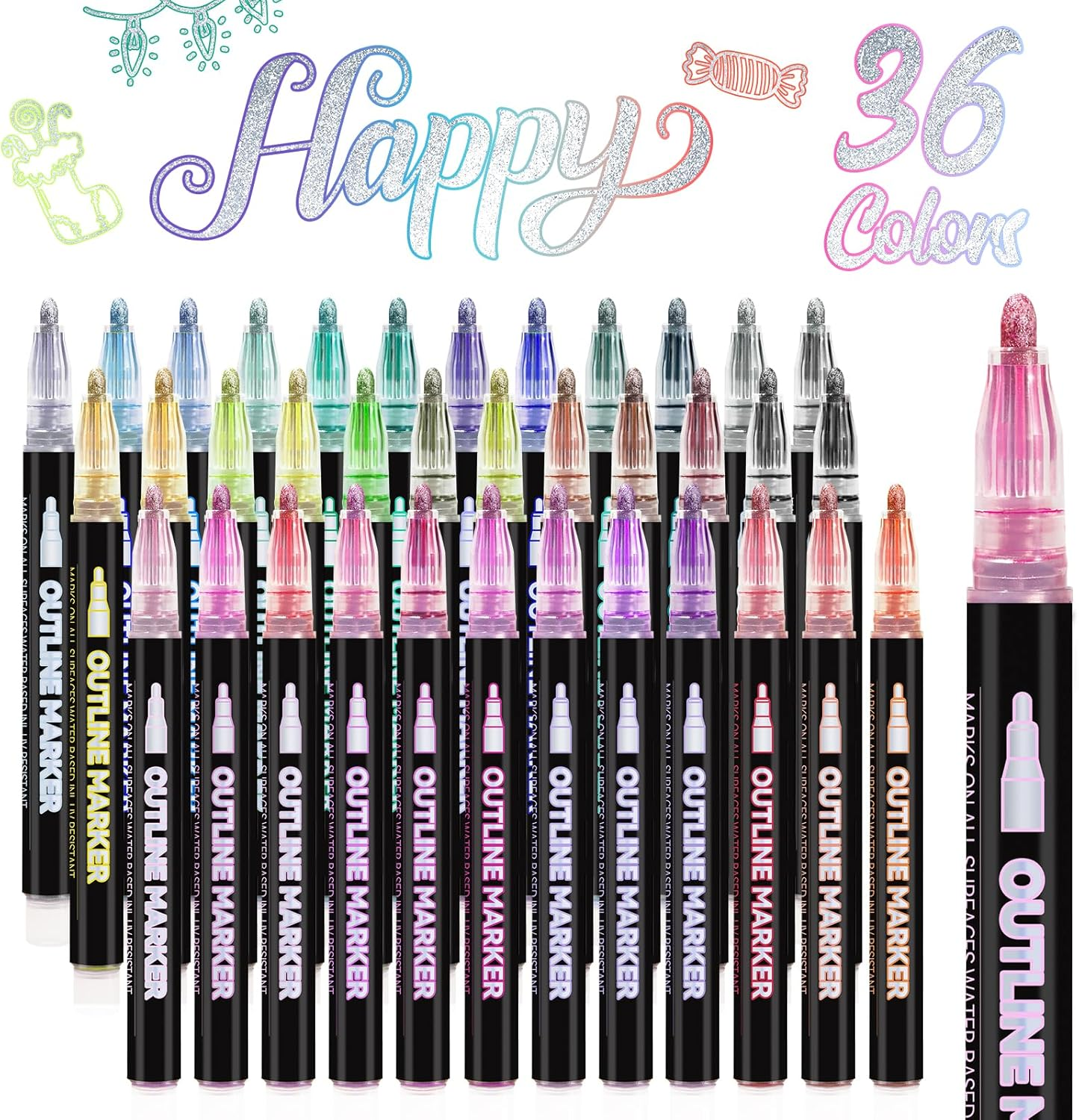 Outline Markers Pens 36 Colors, Shimmer Double Line Outline Markers Glitter Markers Set for Christmas Greeting Card Making,Drawing and Art Supply image number 1