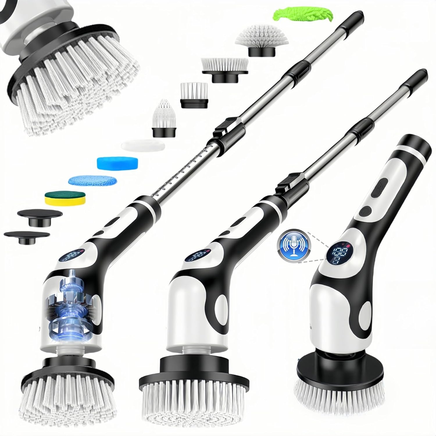 Electric Spin Scrubber, Voice Digital Display IPX7 Waterproof Handle Electric Cleaning Brush with 9 Replaceable Heads, Upgraded Extension Handle for Bathtub, Tile, Floor image number 4