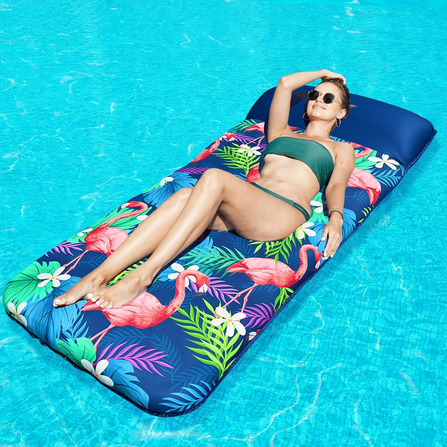 Finduwill Oversized Pool Floats Adults - 72" X38'' X-Large Fabric Covered Tanning Pool Lounger, Inflatable Pool Float with Headrest, Ultra-Comfort Pool Floaties Raft Lake Beach Float(Xl, Flamingo) image number 3