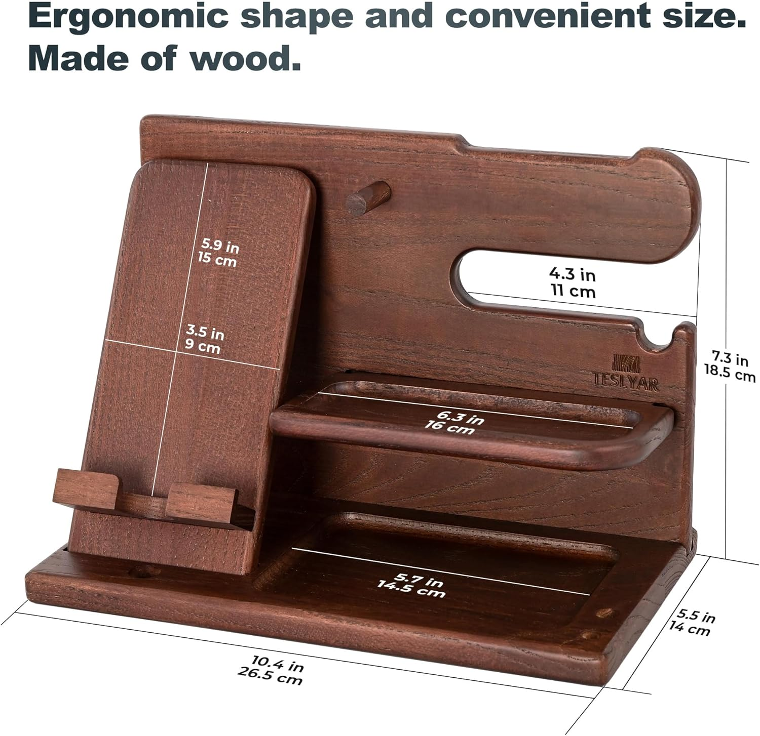 Wood Phone Docking Station Ash Key Holder Wallet Stand Watch Organizer Men Gift Husband Wife Anniversary Dad Birthday Nightstand Purse Father Graduation Male Travel Idea Gadget (Chestnut)