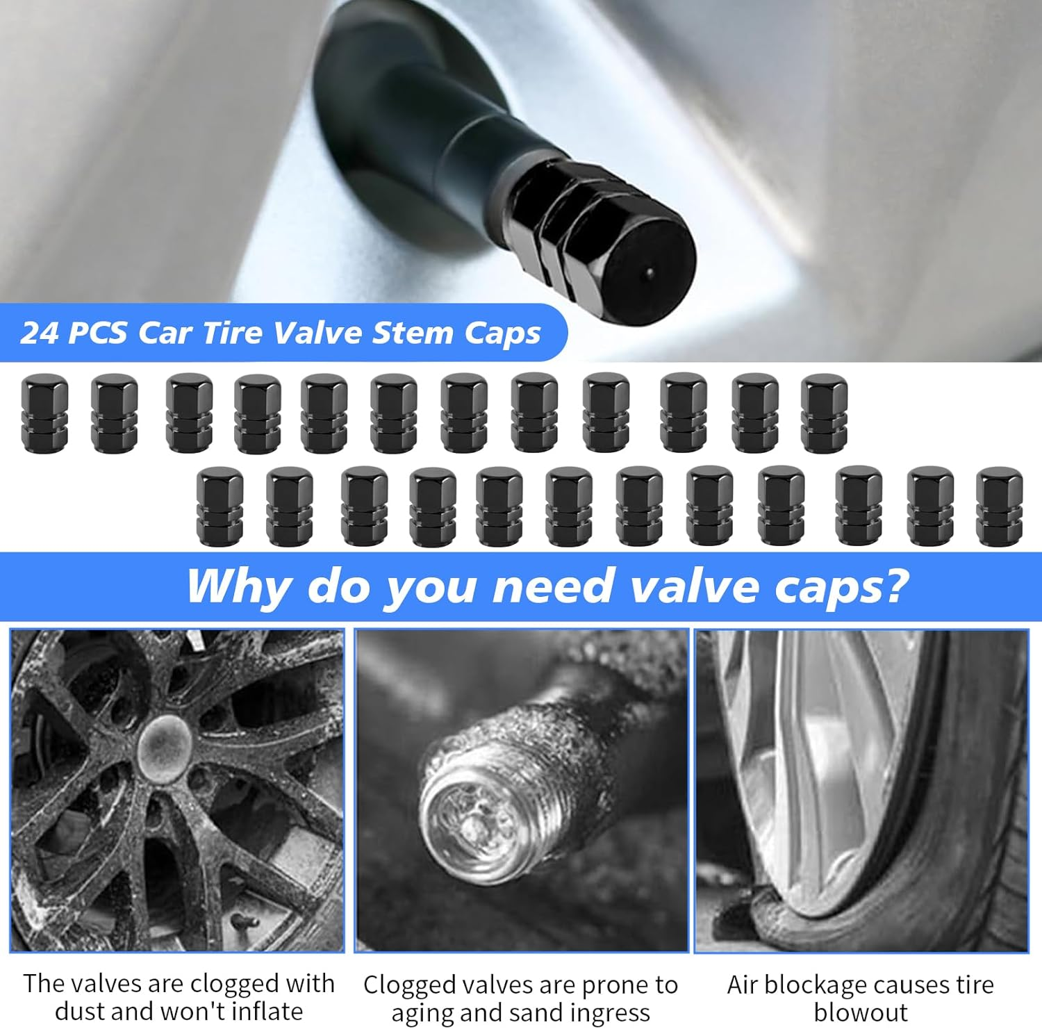 24 PCS Car Tire Valve Stem Caps, Premium Aluminum Alloy Dustproof Valve Covers, Universal Airtight Seal Corrosion-Resistant Wheel Tire Valve Cover for Cars, Suvs, Trucks, Motorcycles, Bikes (Black) image number 5