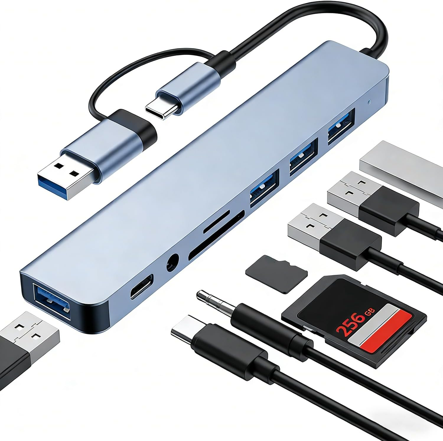 USB C Hub USB Hub 3.0, Aluminum 8 in 1 USB Extender with SD/TF Card Reader, 3.5Mm Aux Headphone Jack for Macbook Pro Air and More Pc/Laptop/Tablet Devices image number 6