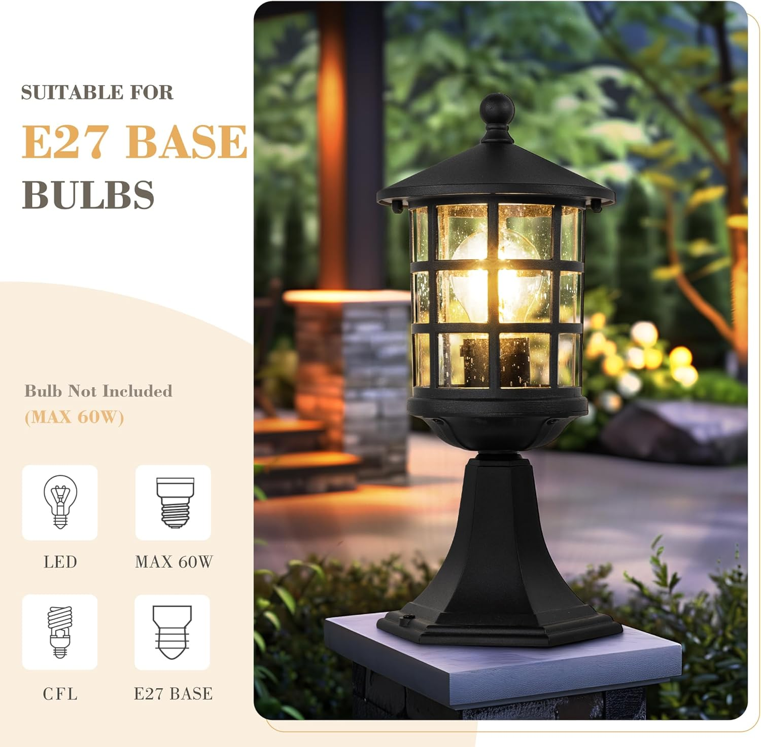 EMLIVIAR Outdoor Post Lantern, Modern Exterior Lamp Post Light Pole, 13.4 Inch Aluminum with Seeded Glass, Black Finish, AUXE222P BK