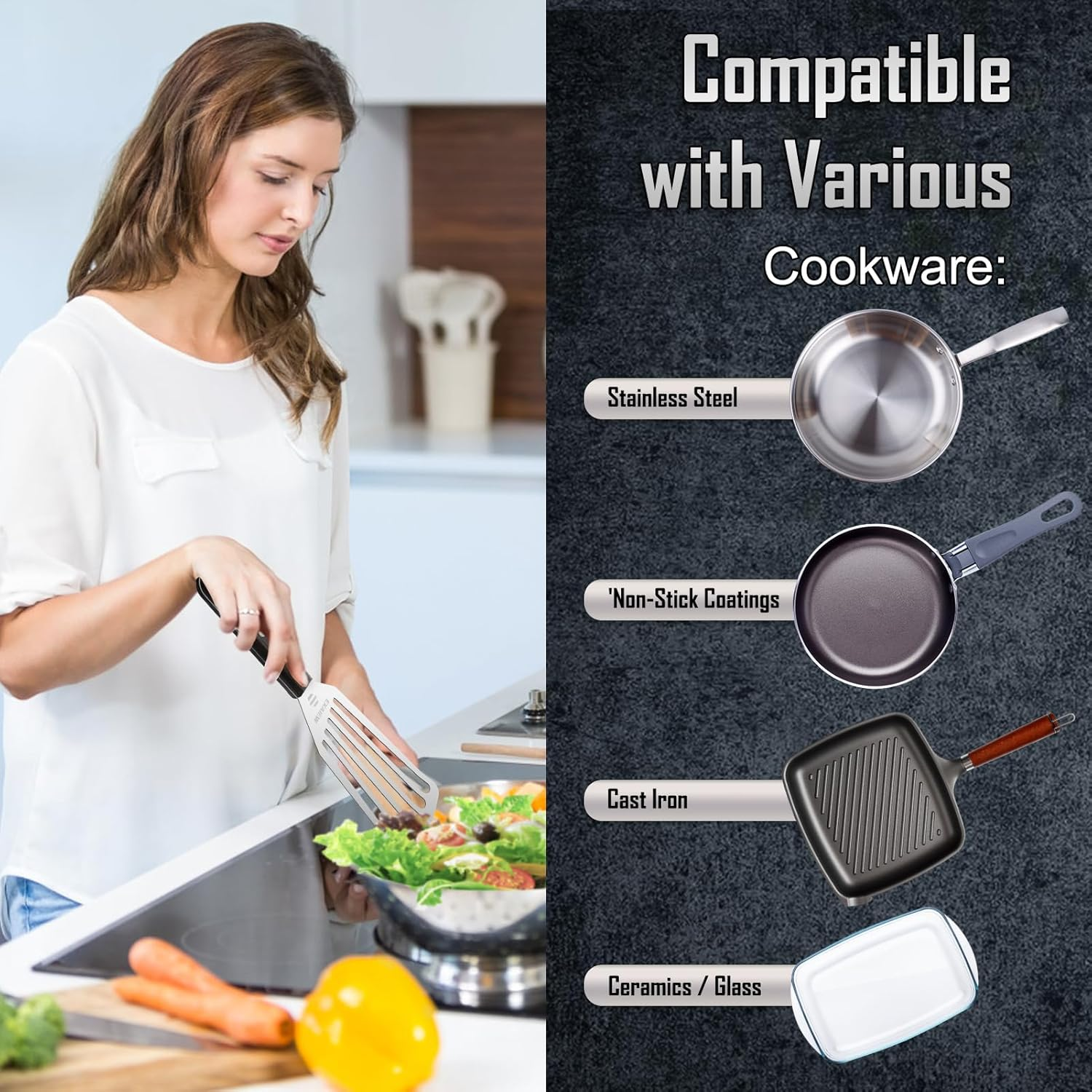 2 Pack Fish Spatula Stainless Steel, Flexible Fish Turner Spatula Perfect for Flipping Eggs, Burgers and Baking, Durable Lightweight Metal Kitchen Slotted Turner for Cooking & BBQ [Wooden Handle] image number 3