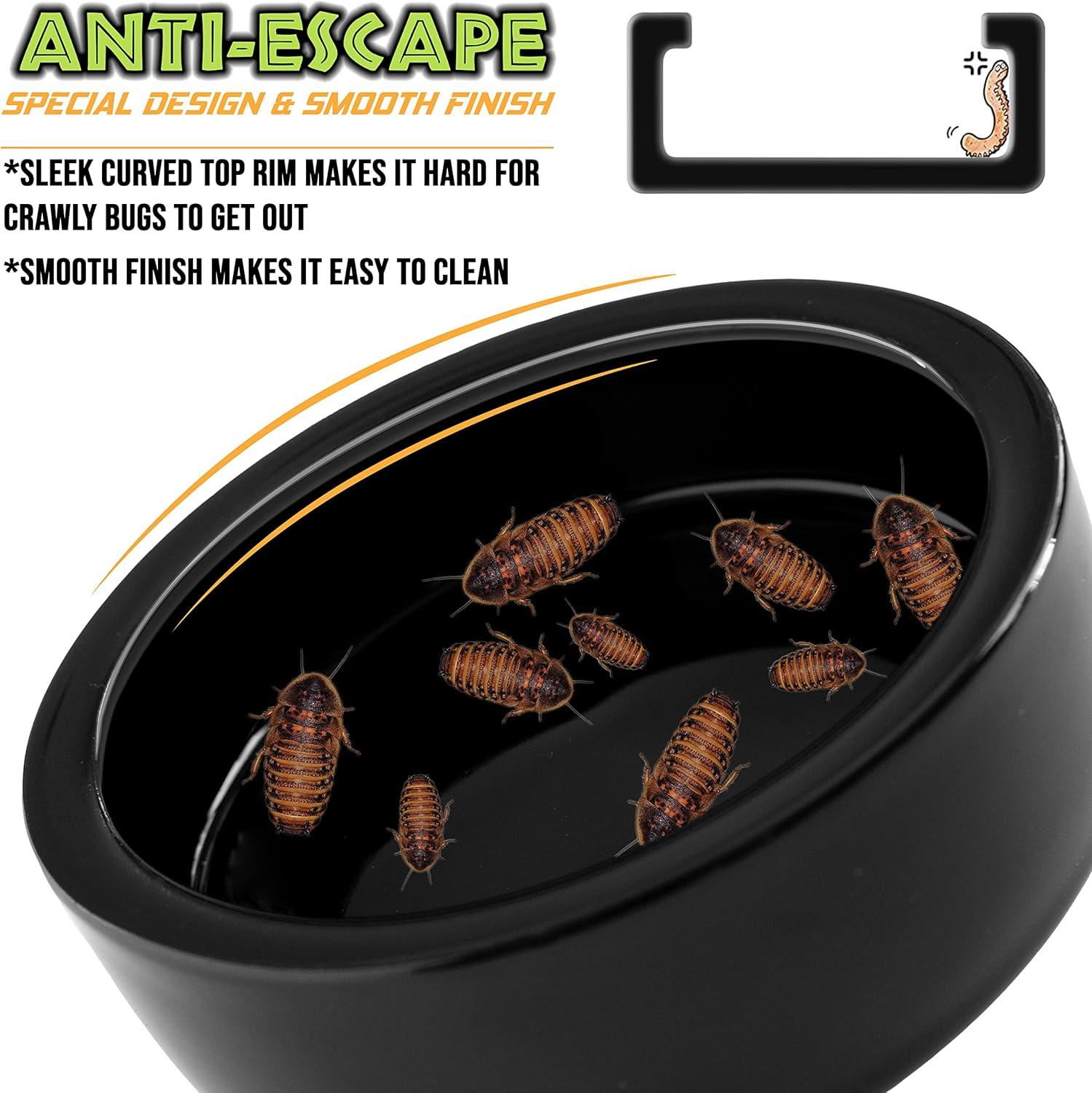 Reptile Worm Dish Bowl - Anti-Escape Ceramic Worm Dish Feeder for Lizard, Leopard Gecko, Bearded Dragon, Chameleon, Skink, Tegu, Snake, Mealworm, Superworm, Dubia Roaches (Large, Black) image number 4