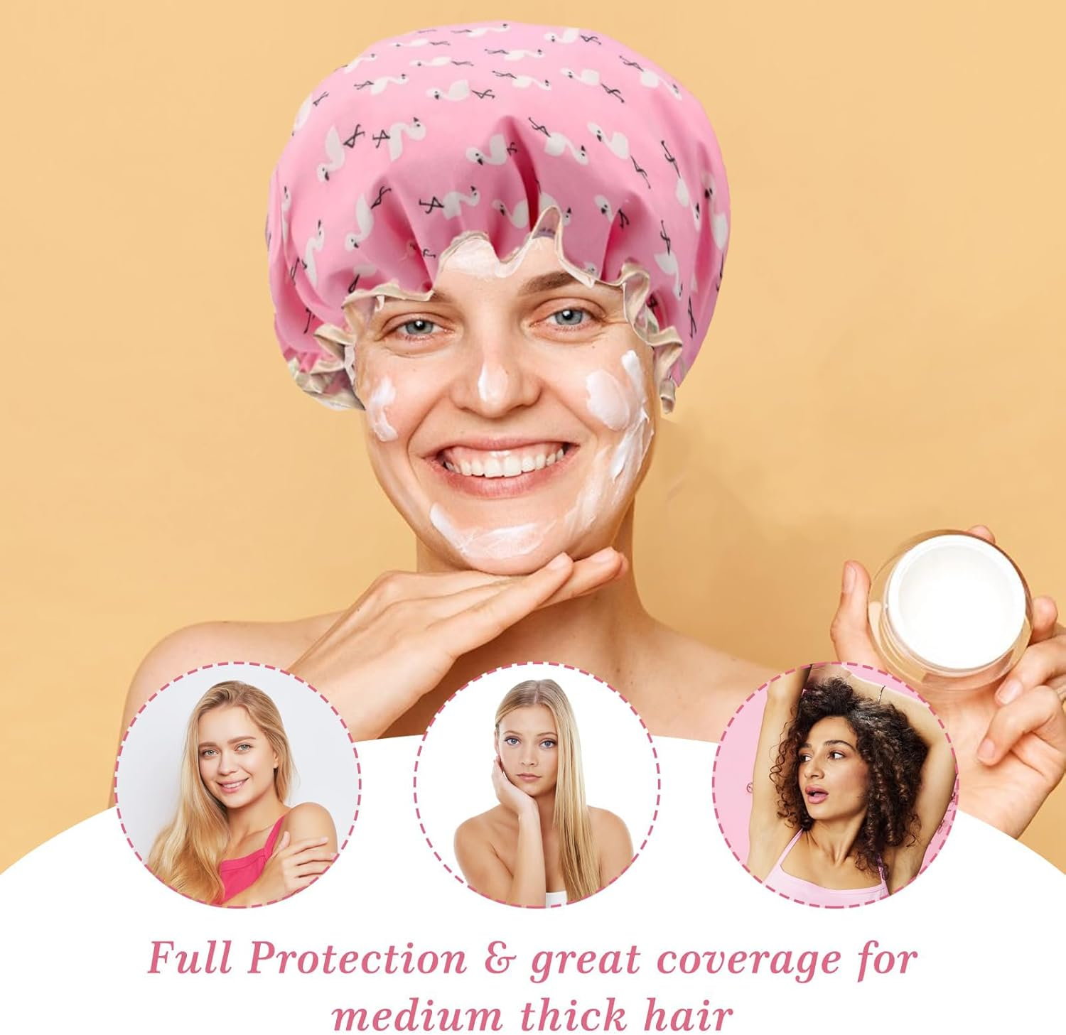 Pack of 2 | Shower Caps for Women, Double Layers Waterproof Bath Caps with Elastic Band, Reusable Shower Hat for Keeping Hair Dry Kitchen Oil-Proof Cap for Adults and Children image number 1