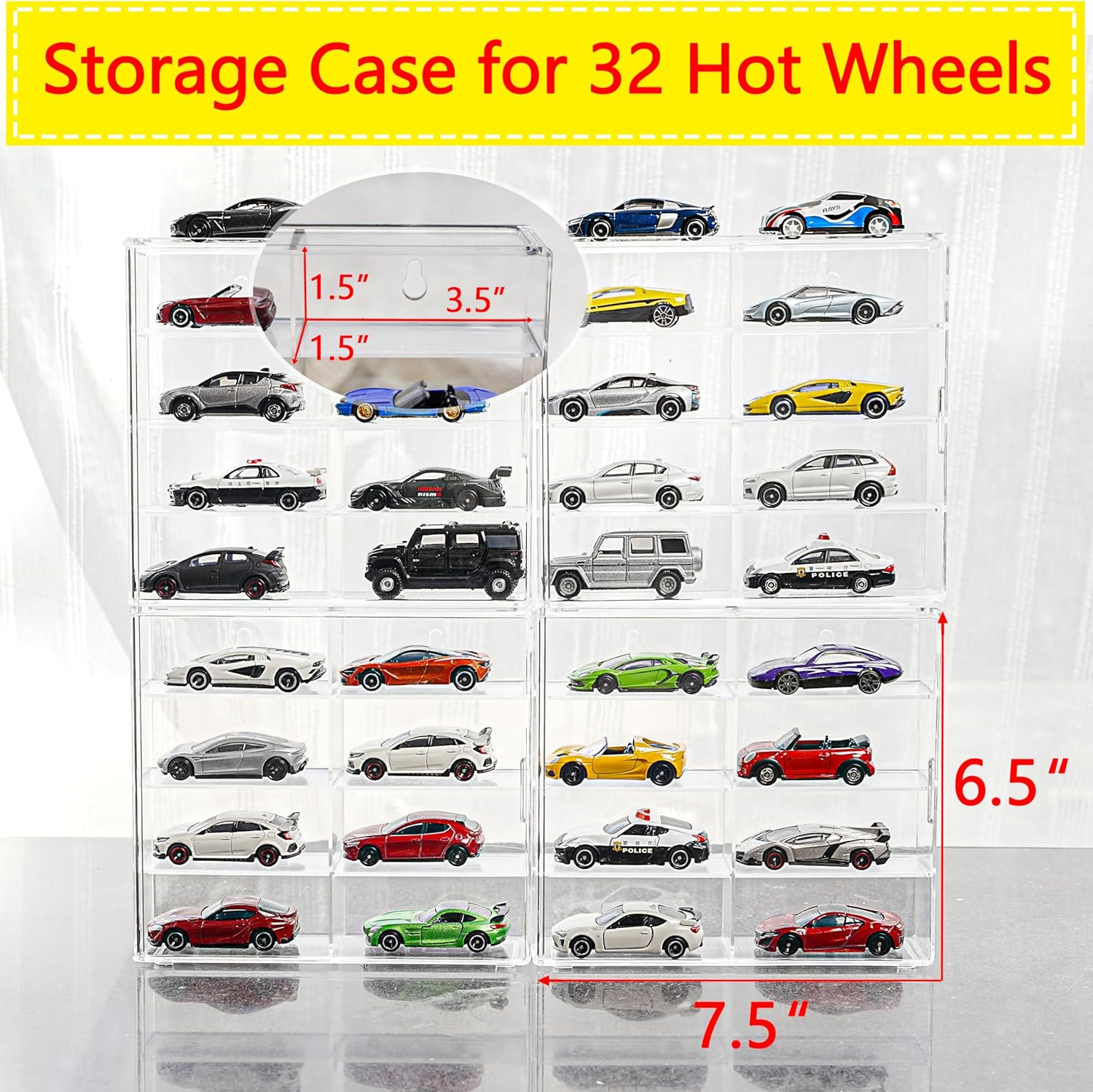 Nisshinn KASTUN Display Case for 32 Hot Wheels,Matchbox Cars,Display Case Wall Mount,Transparent Storage Case for 1/64 Diecast Cars,Wall Hanging,Stackable,Clear,Dustproof
