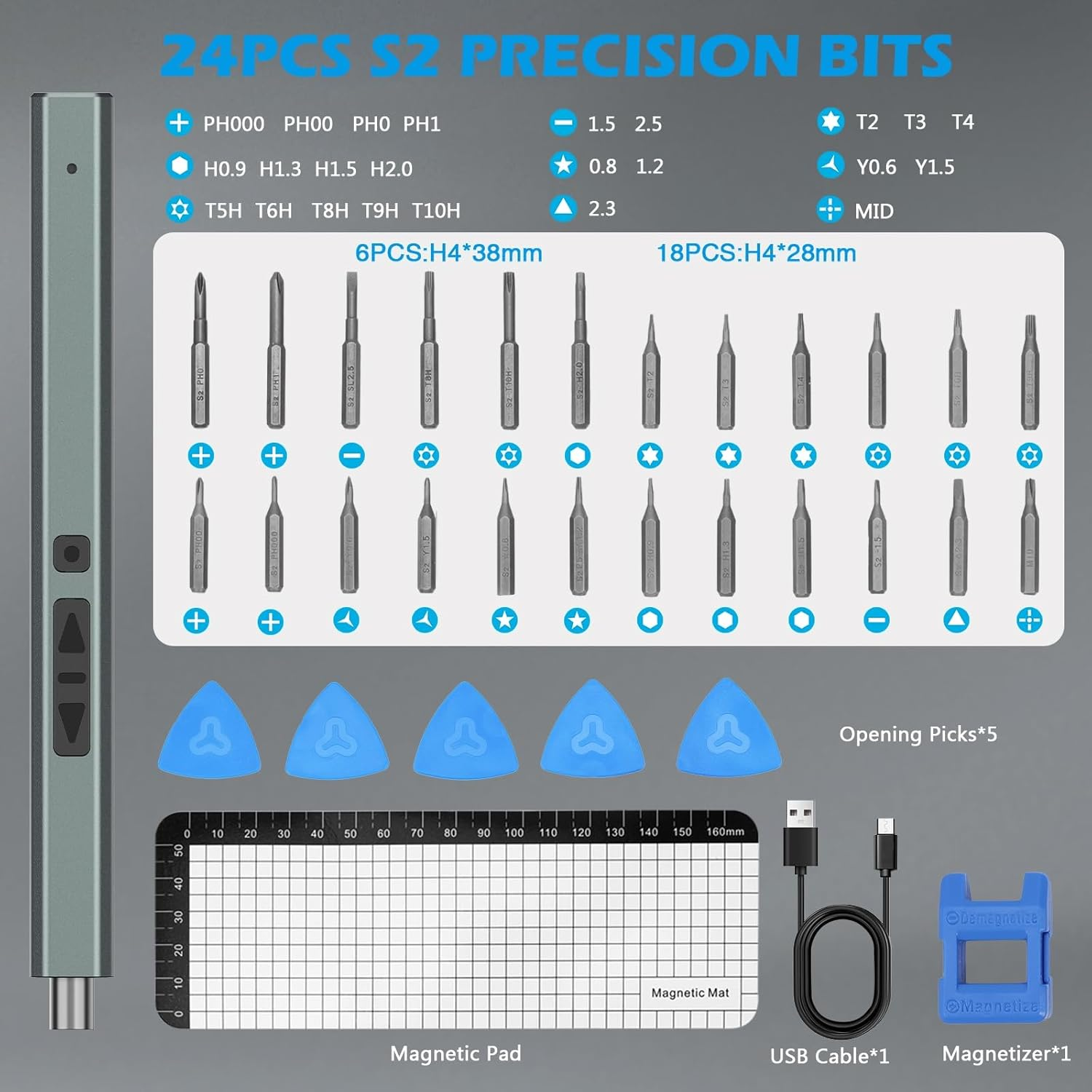 AMIR Electric Screwdriver Set, 33 in 1 Cordless Screwdriver Set with 24 S2 Precision Bits, Electronic Repair Tool Kit with LED Light & Type-C Charge for Phone, Camera, PC, Laptop, Watch image number 1