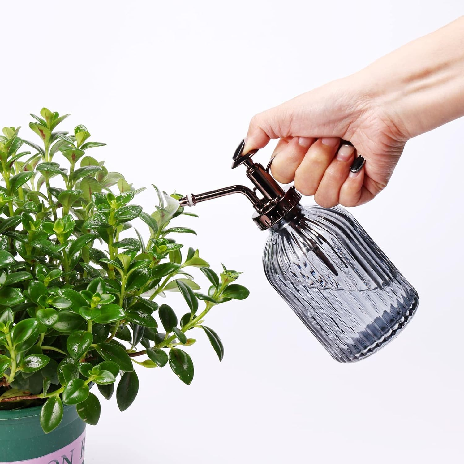 Glass Plant Mister - 7.5" Green Glass Water Spray Bottle with Gold Top Pump, Indoor/Outdoor Small Plant Sprayer (Gray+Bronze) - Gray+Bronze D image number 2