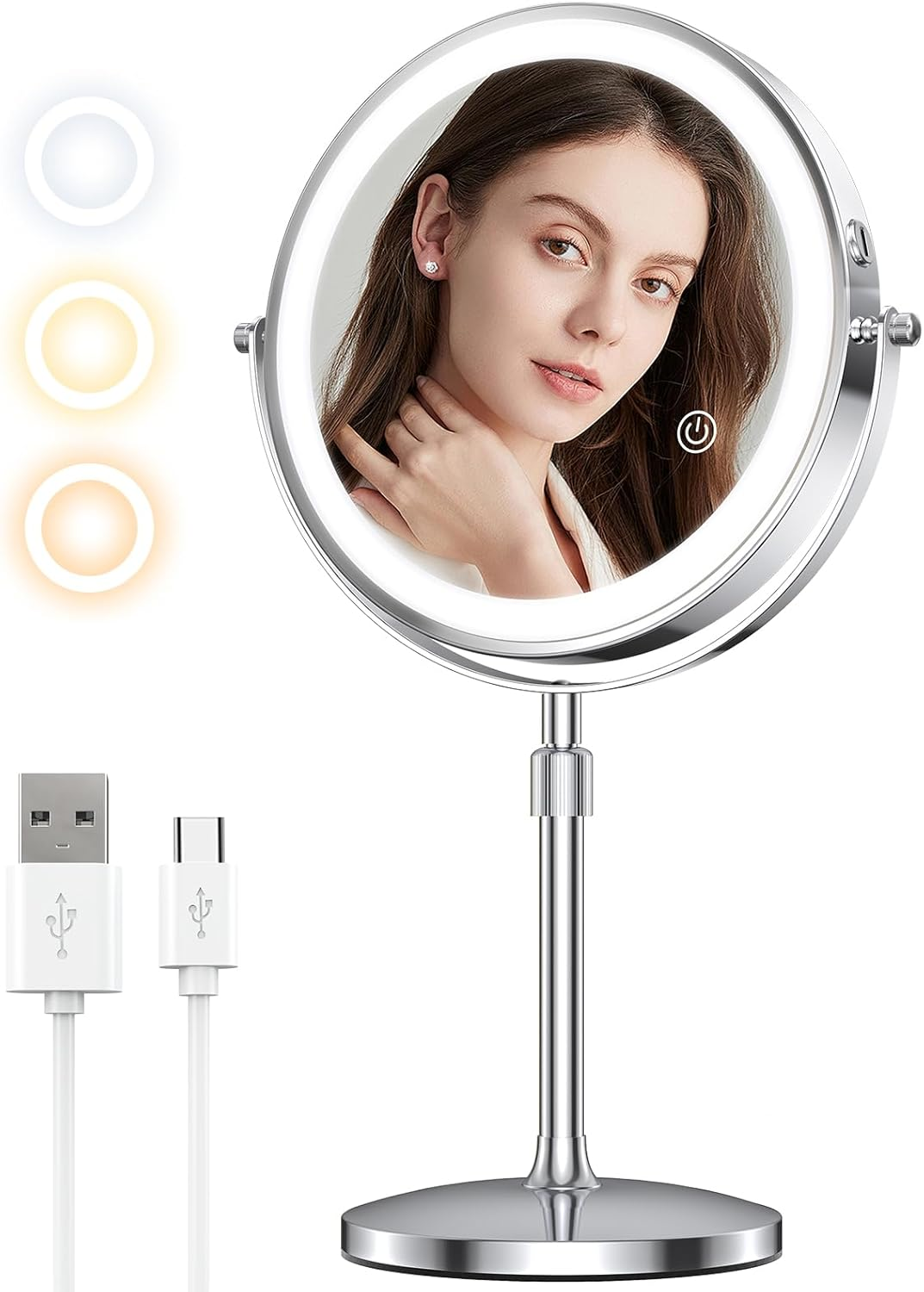 MILPROX 8 Inch Makeup Mirror with 10X Magnification & 3 Color Lights, Adjustable Brightness & Height, Rechargeable Double Sided 1X 10X Magnifying Mirror, Lighted Makeup Mirror Touch Sensor - Gold