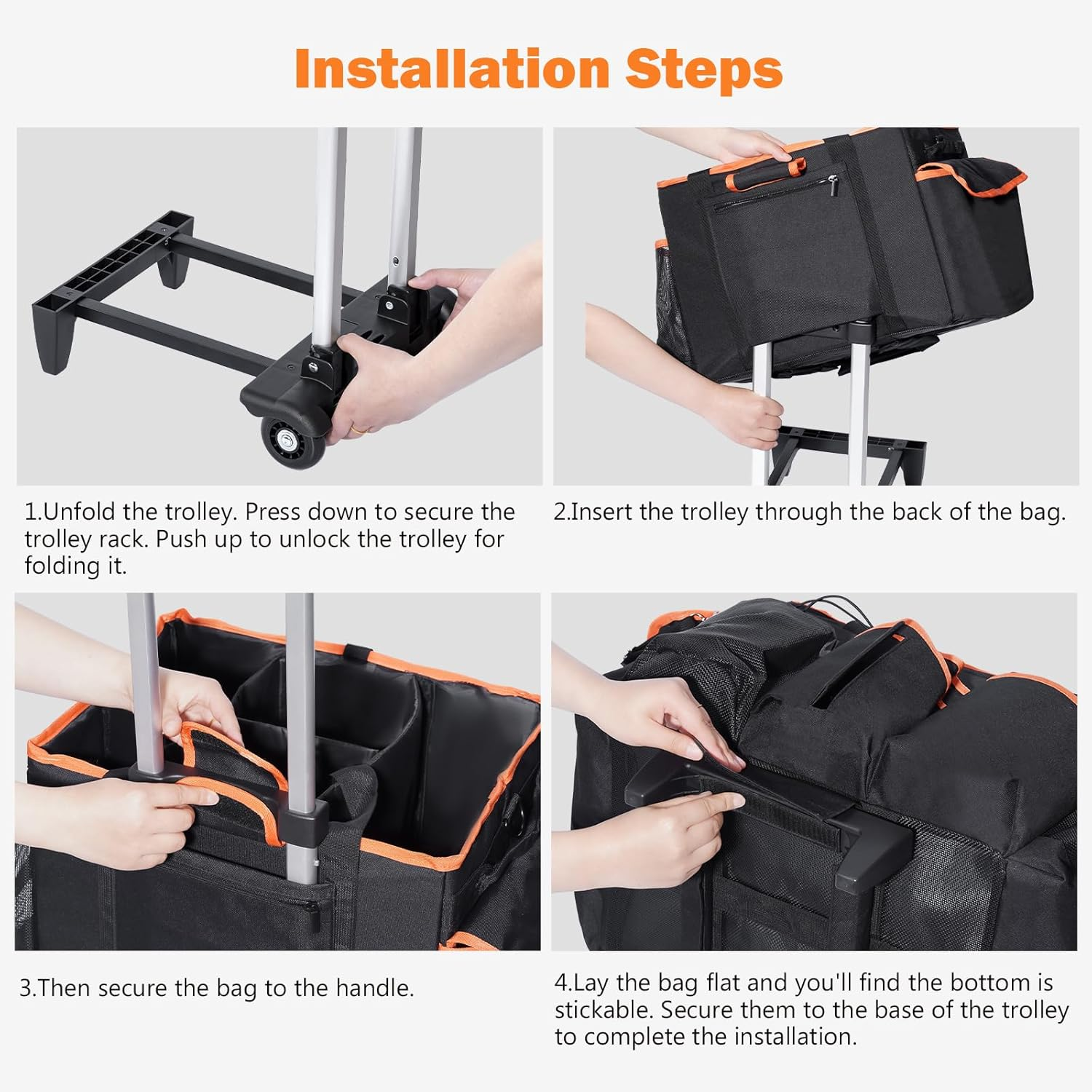 Puricon Cleaning Caddy with Wheels, Professional Portable Rolling Cleaning Supplies Bag with Detachable Trolley Large Cleaning Cart with Handle and Shoulder Strap for Housekeeping -Blackorange image number 4