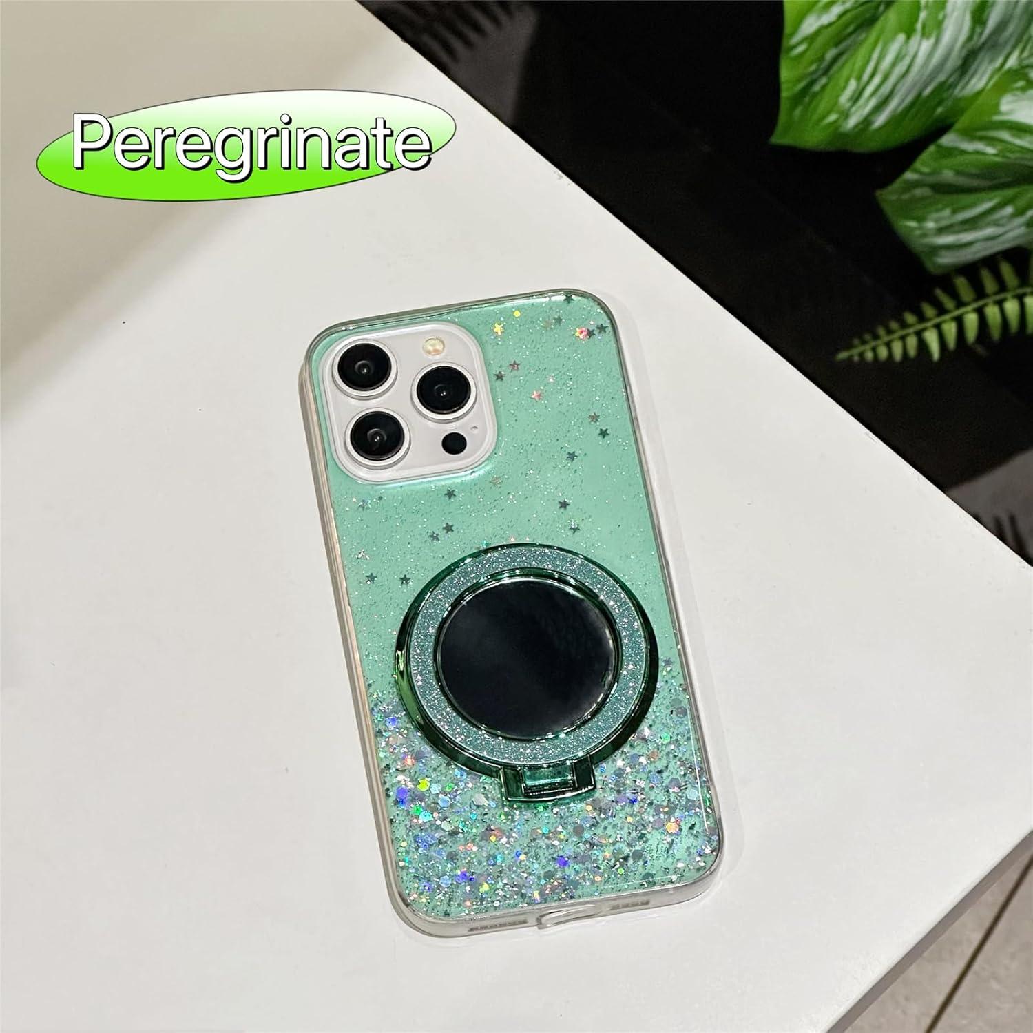 IMEIKONST Glitter Case Compatible with Iphone 16E with Makeup Mirror Holder, Sparkle Transparent Bling Shell Shockproof Soft TPU Silicone Bumper Cover for Iphone 16E. Green DJJ image number 3